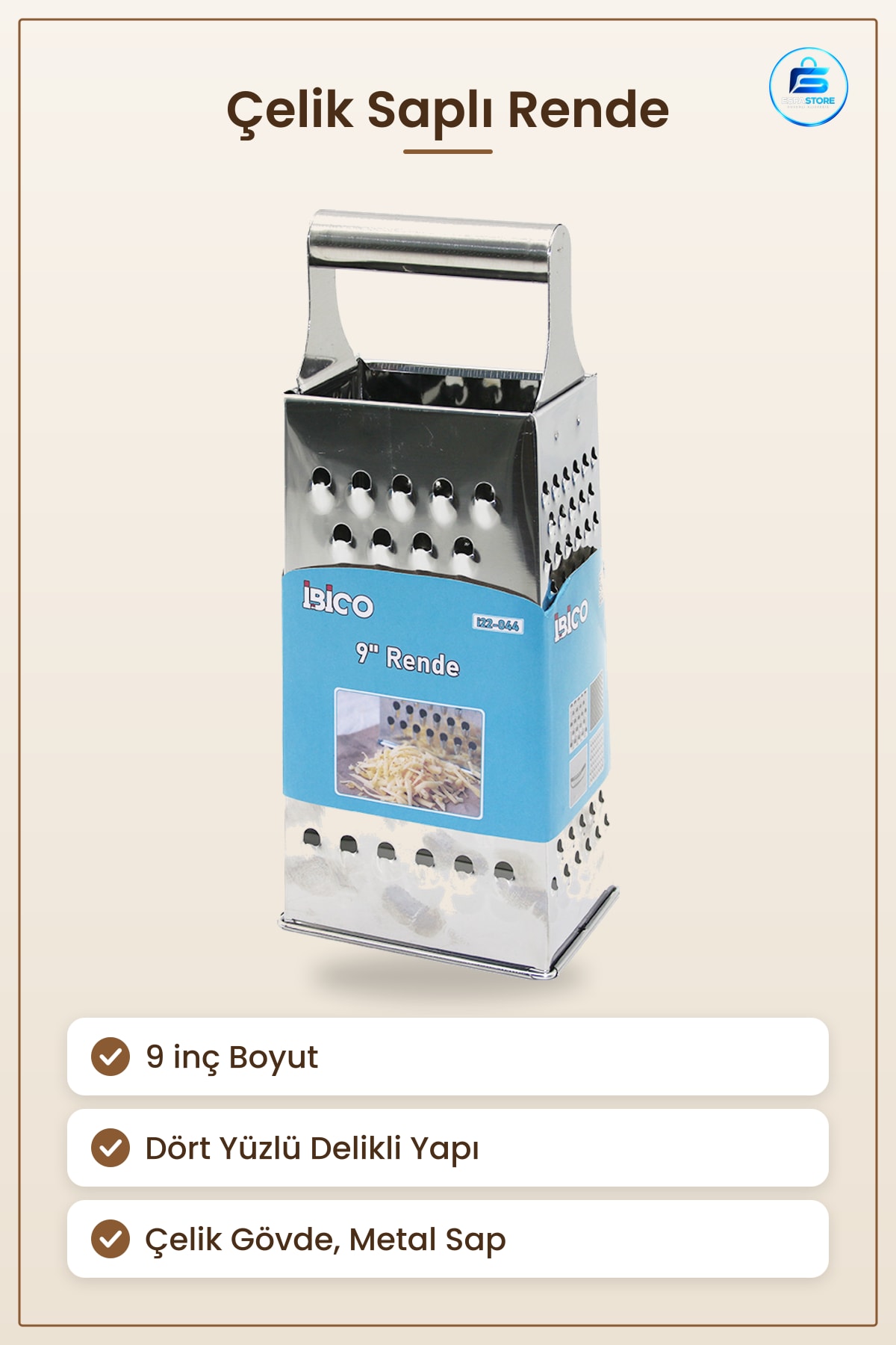 Çelik Saplı 9 inç Rende Dört Yüzlü Mutfak Sebze Peynir Rendesi Metal Gövde Dayanıklı Kullanışlı