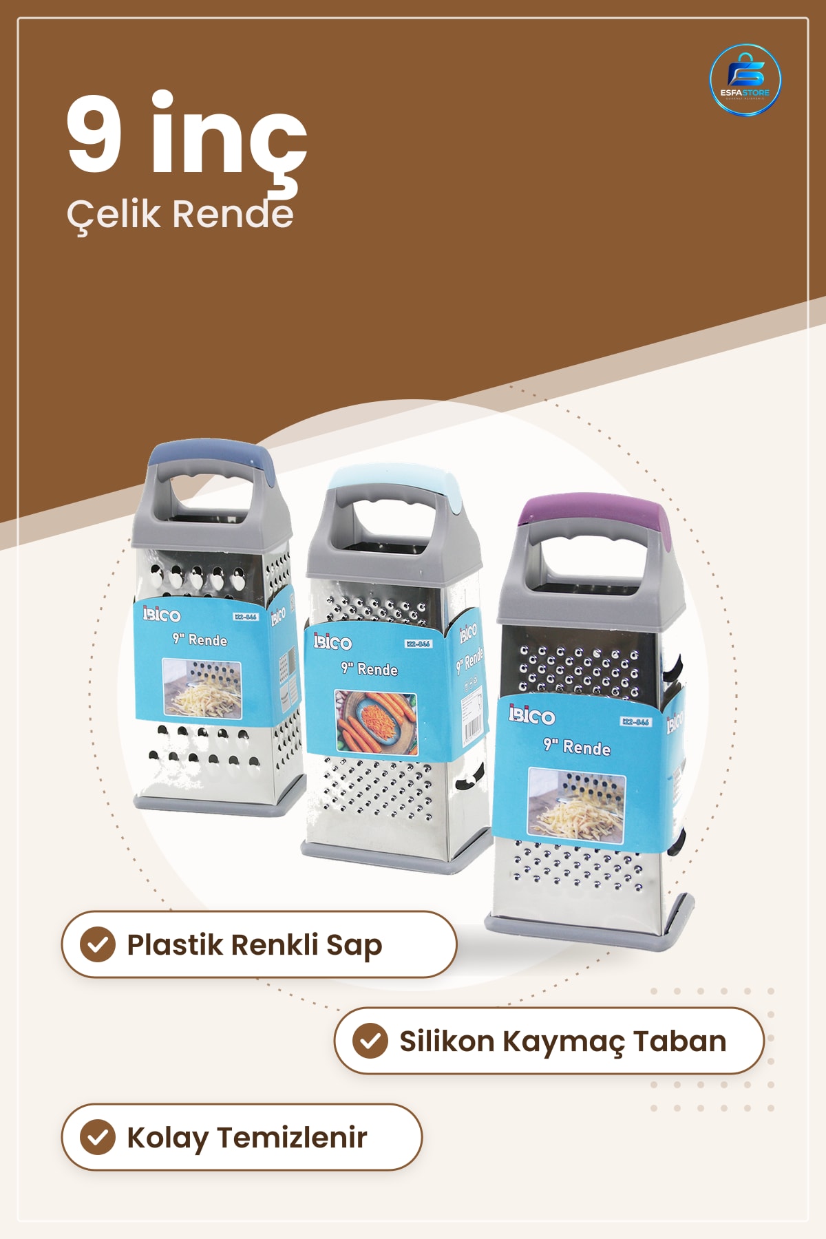 Rende 9 inç Çelik Mutfak Peynir Sebze Rendesi Plastik Saplı Silikon Taban Kaymaz Kolay Bakım