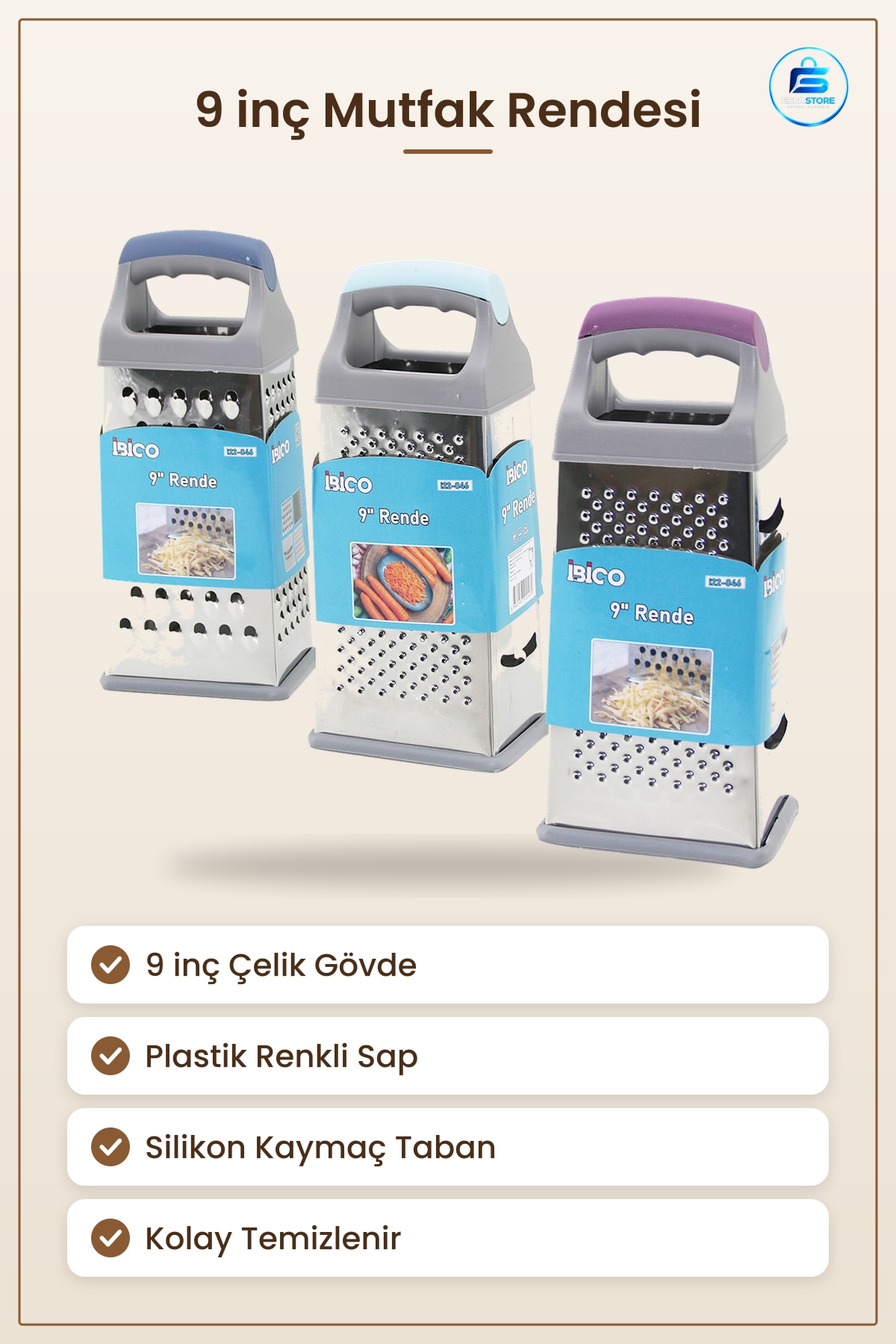 Rende 9 inç Çelik Mutfak Peynir Sebze Rendesi Plastik Saplı Silikon Taban Kaymaz Kolay Bakım