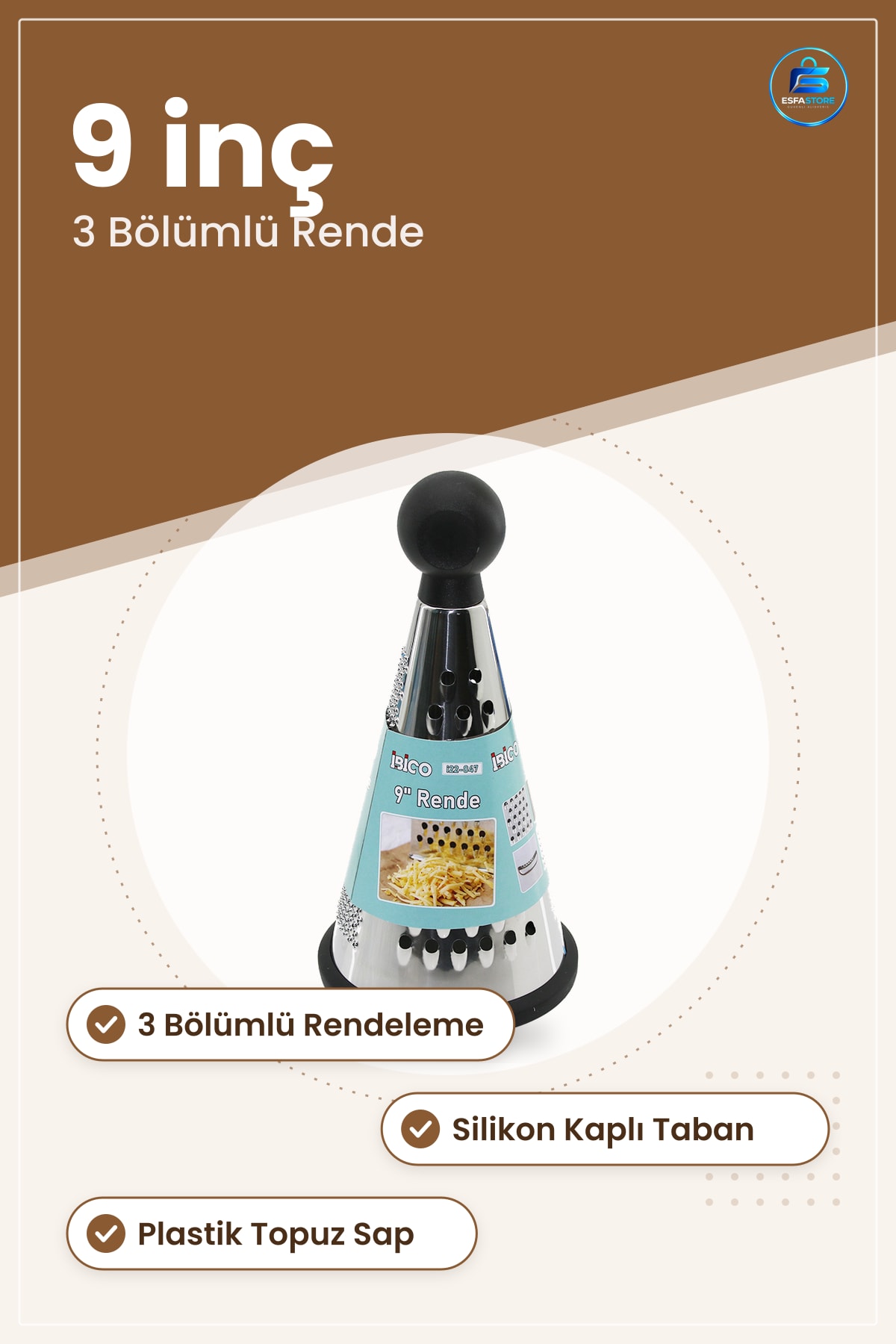 Rende 9 inç 3 Bölümlü Çelik Peynir Rendesi Plastik Saplı Silikon Tabanlı Mutfak Sebze Meyve