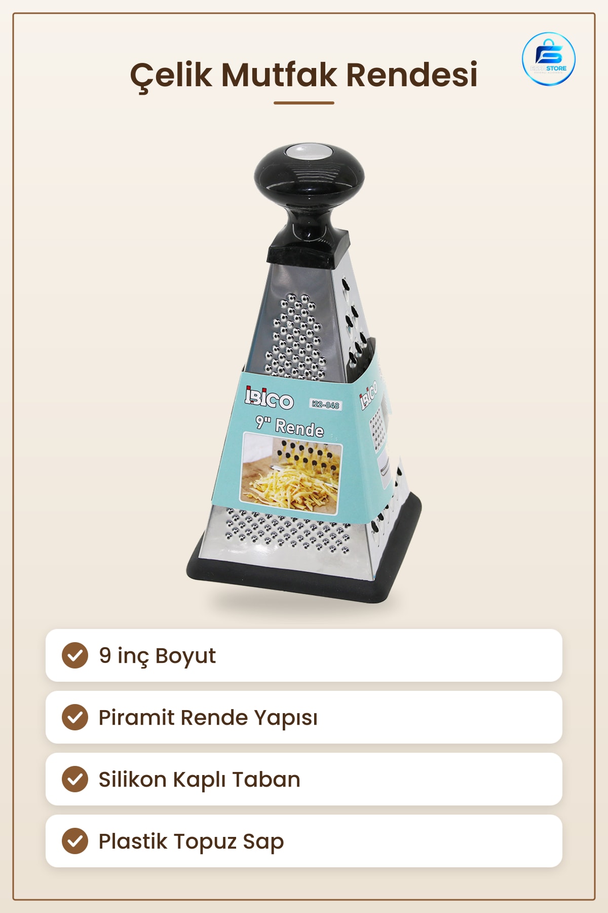 Çelik Mutfak Rendesi 9 inç Silikon Tabanlı Piramit Rende Peynir Sebze Çikolata Plastik Saplı Pratik