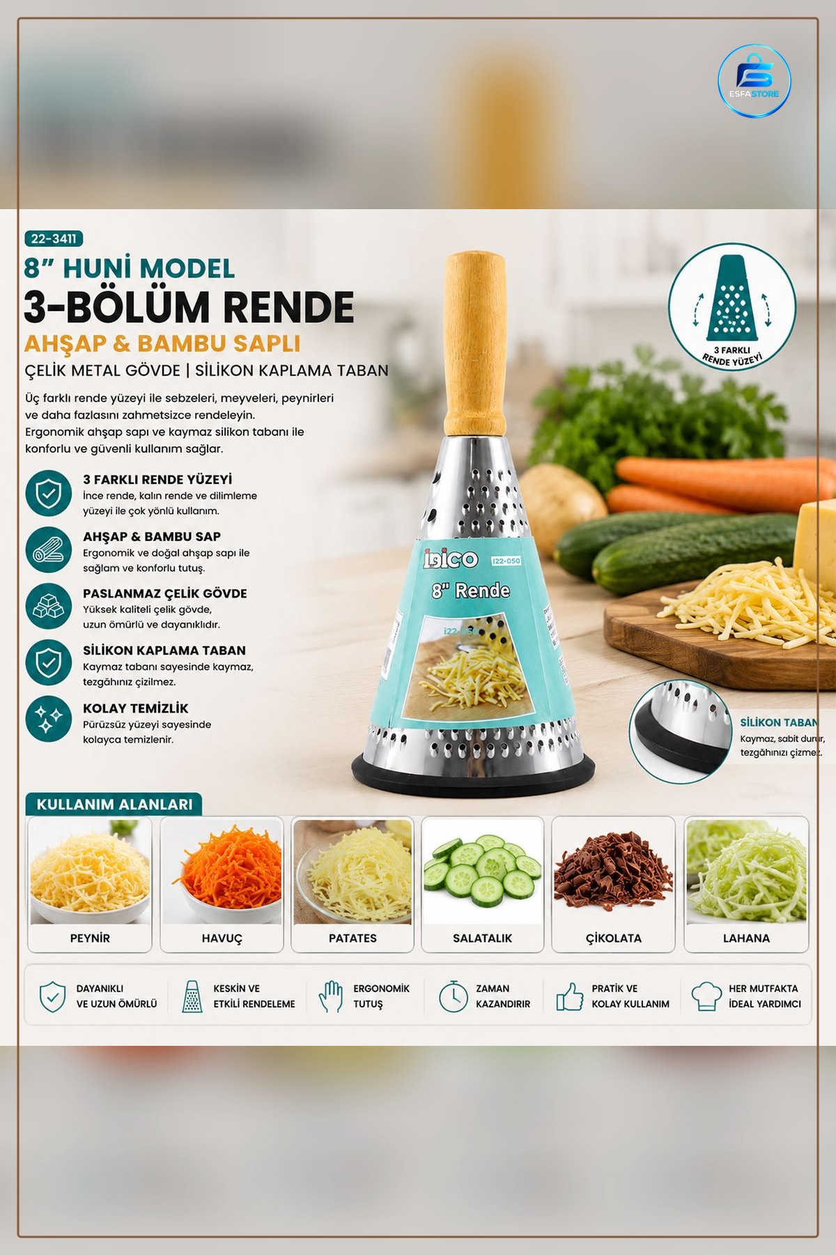 Çelik Rende 8" Ahşap Bambu Saplı Silikon Taban 3 Bölümlü Hunili Mutfak Peynir Sebze Meyve
