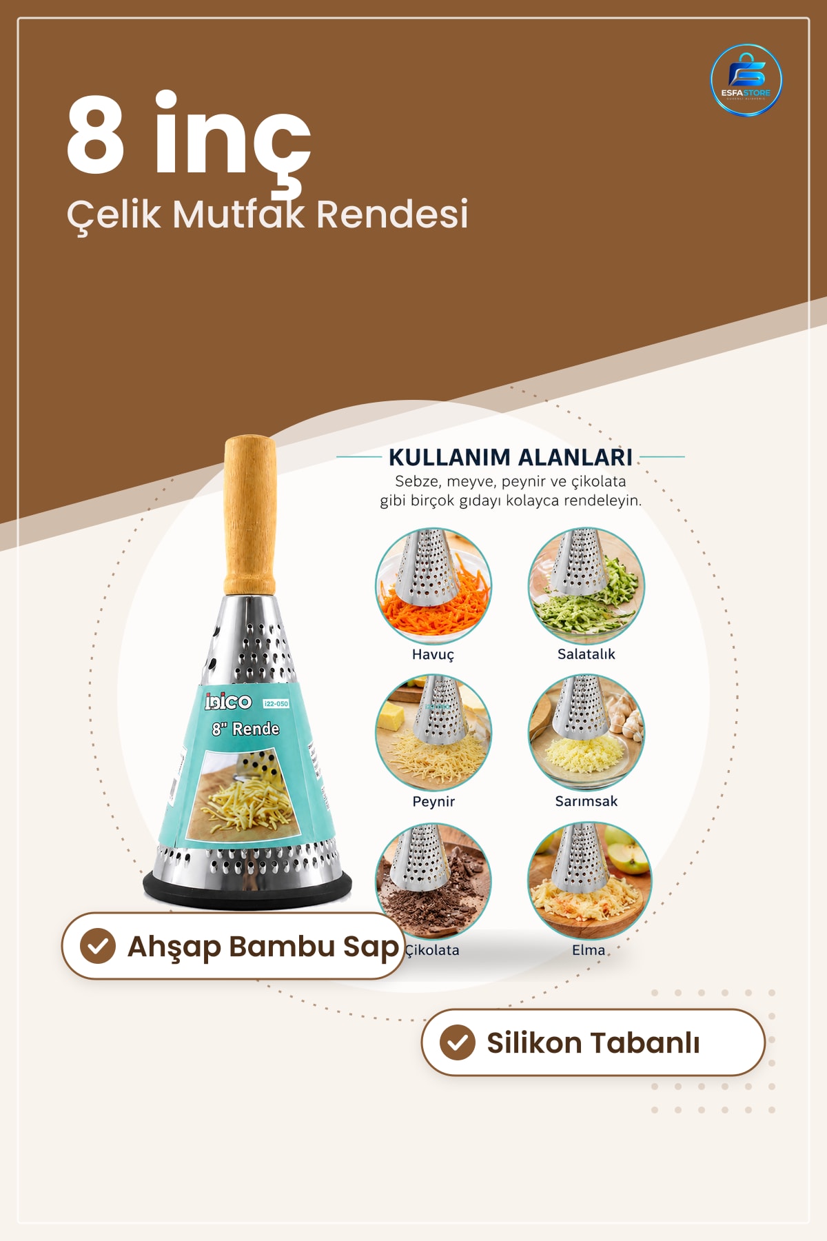 Çelik Rende 8" Ahşap Bambu Saplı Silikon Taban 3 Bölümlü Hunili Mutfak Peynir Sebze Meyve