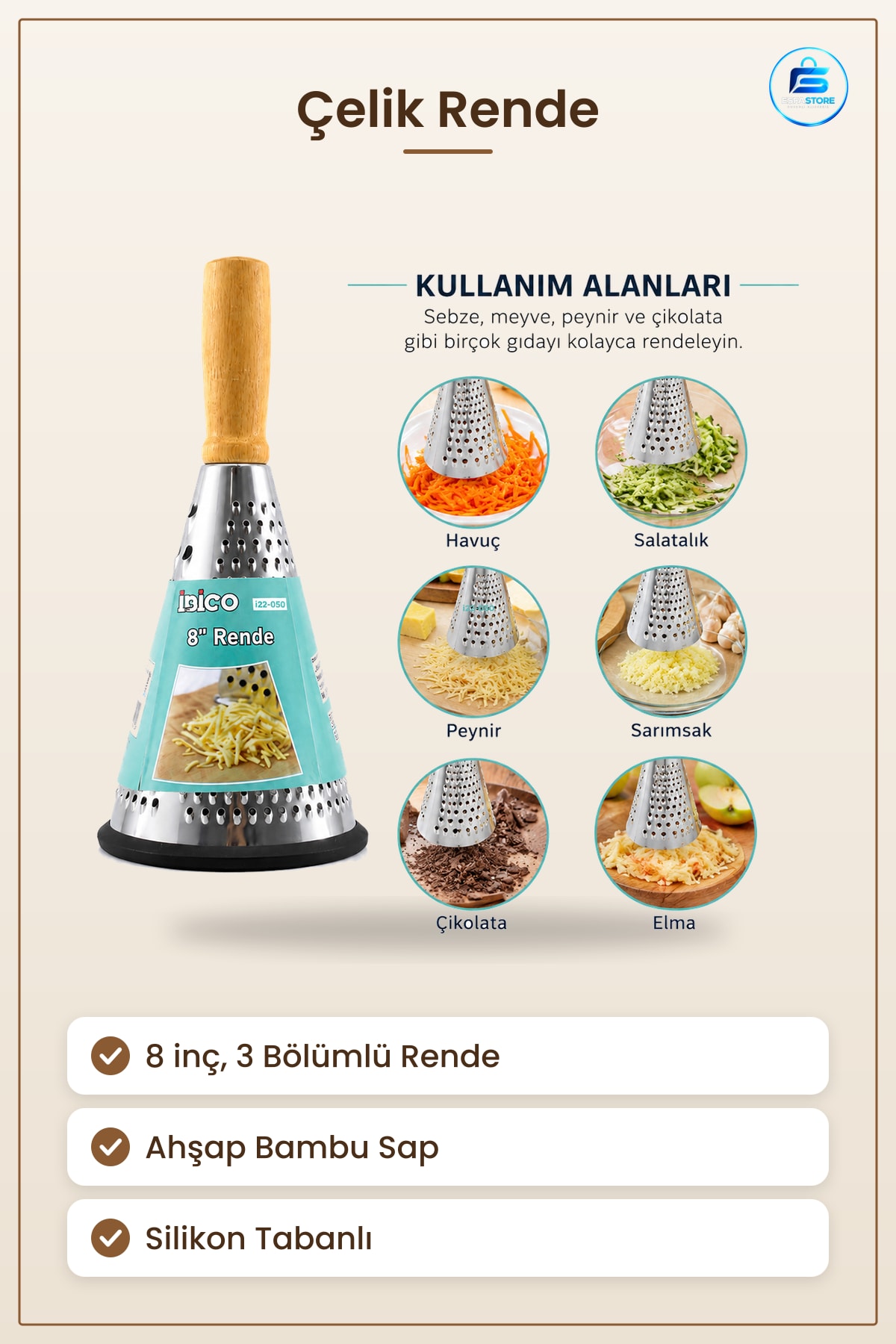 Çelik Rende 8" Ahşap Bambu Saplı Silikon Taban 3 Bölümlü Hunili Mutfak Peynir Sebze Meyve