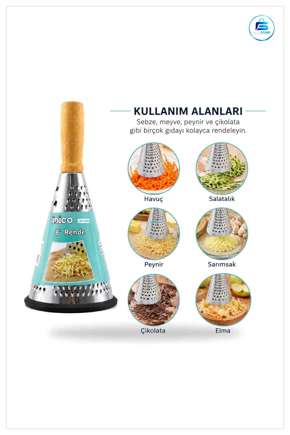 Çelik Rende 8" Ahşap Bambu Saplı Silikon Taban 3 Bölümlü Hunili Mutfak Peynir Sebze Meyve
