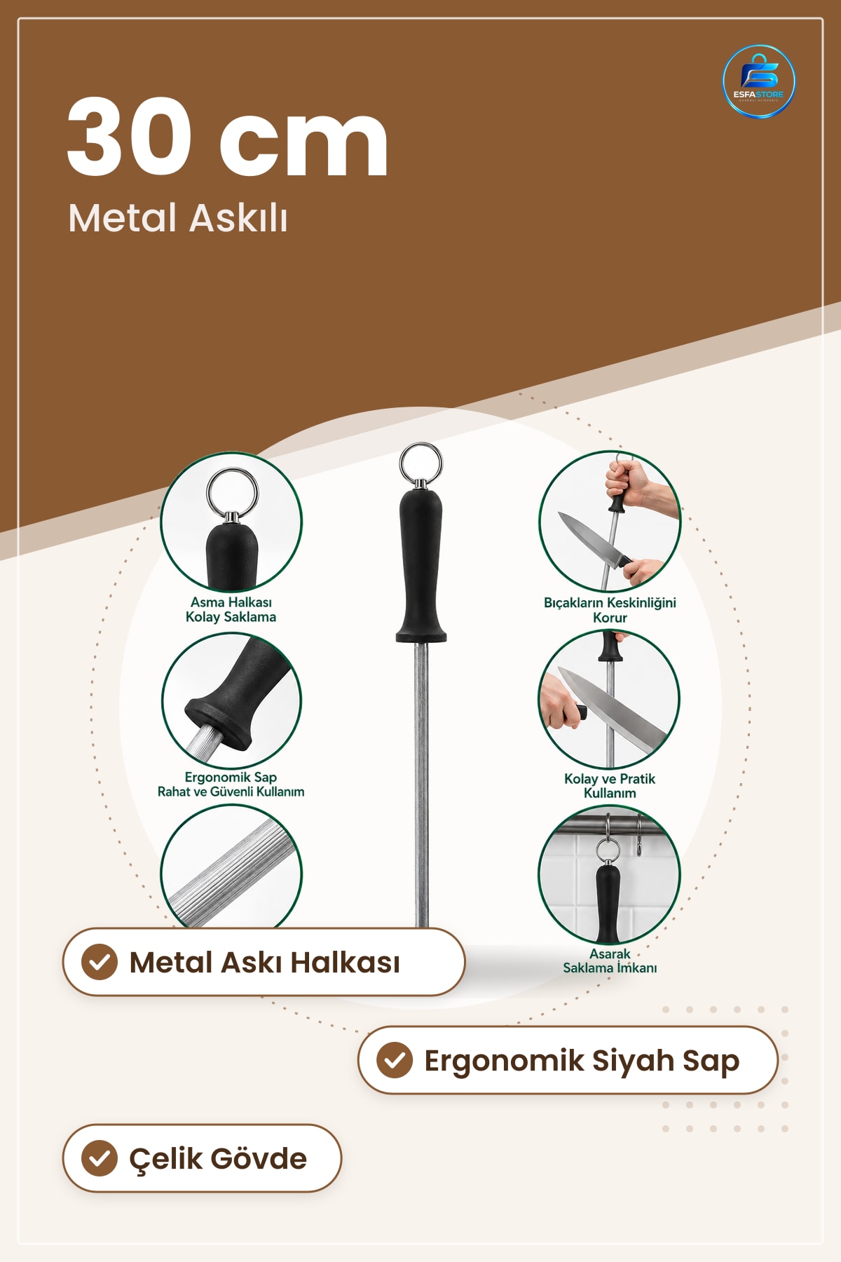 Bıçak Bileyici Masat 30 cm Metal Askılı Çelik Mutfak Bileme Çubuğu Ergonomik Sap Dayanıklı Pratik