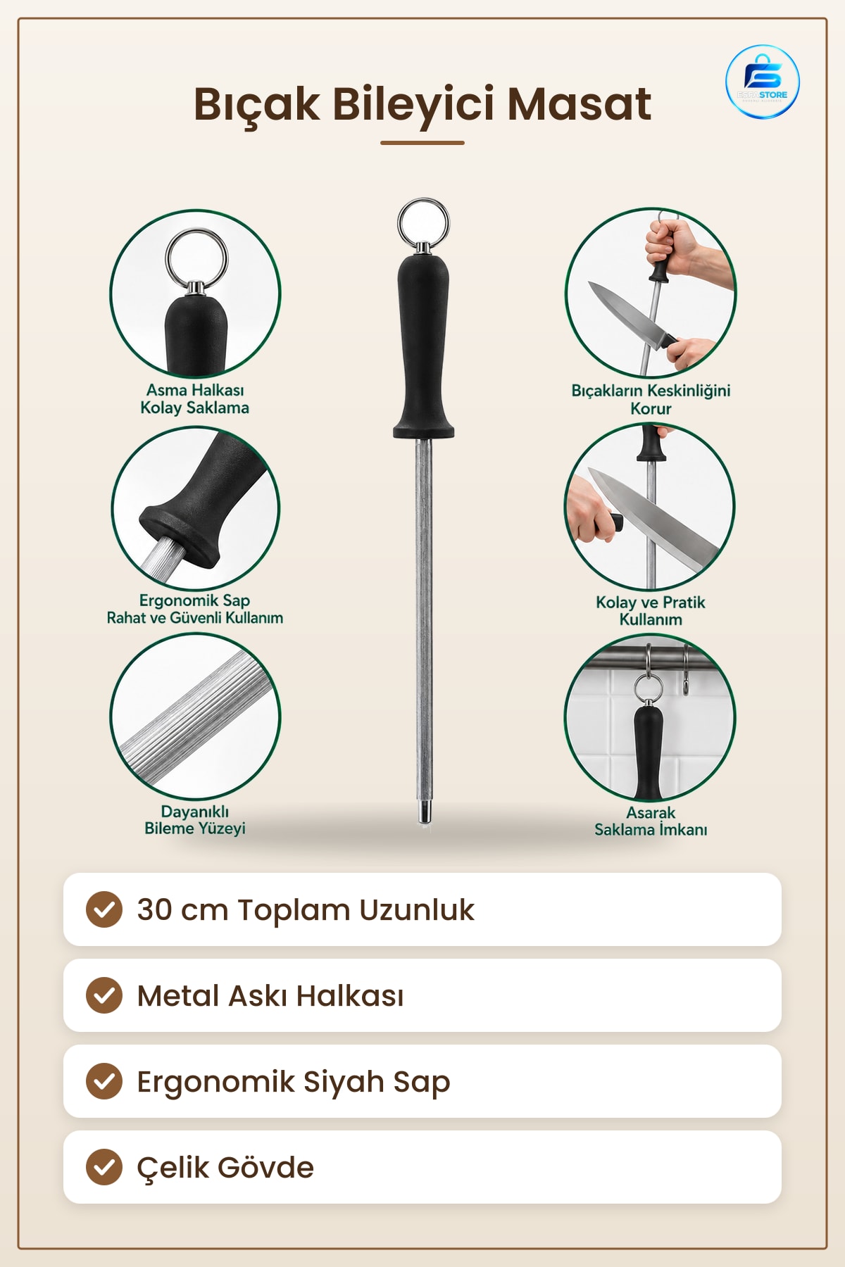 Bıçak Bileyici Masat 30 cm Metal Askılı Çelik Mutfak Bileme Çubuğu Ergonomik Sap Dayanıklı Pratik