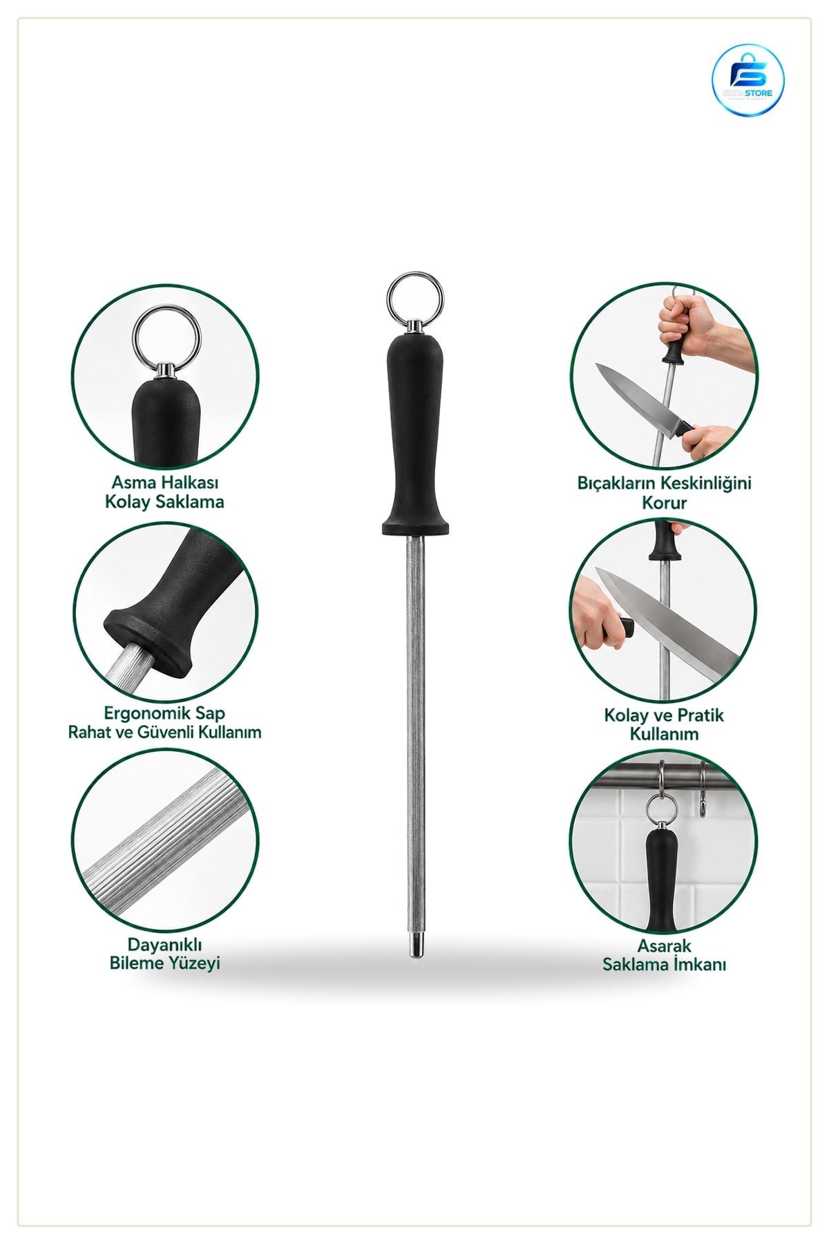 Bıçak Bileyici Masat 30 cm Metal Askılı Çelik Mutfak Bileme Çubuğu Ergonomik Sap Dayanıklı Pratik