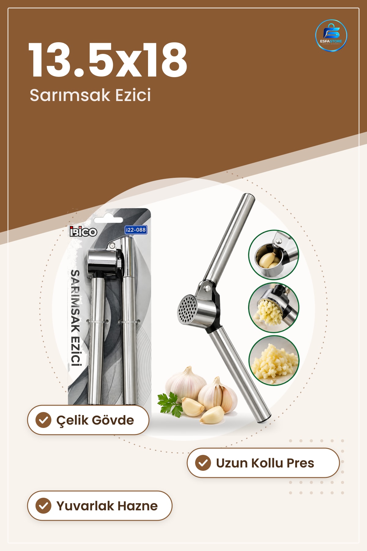 Sarımsak Ezici Pres Çelik Kollu 13.5x18 cm Yuvarlak Hazne Homojen Ezme Mutfak Kullanımı
