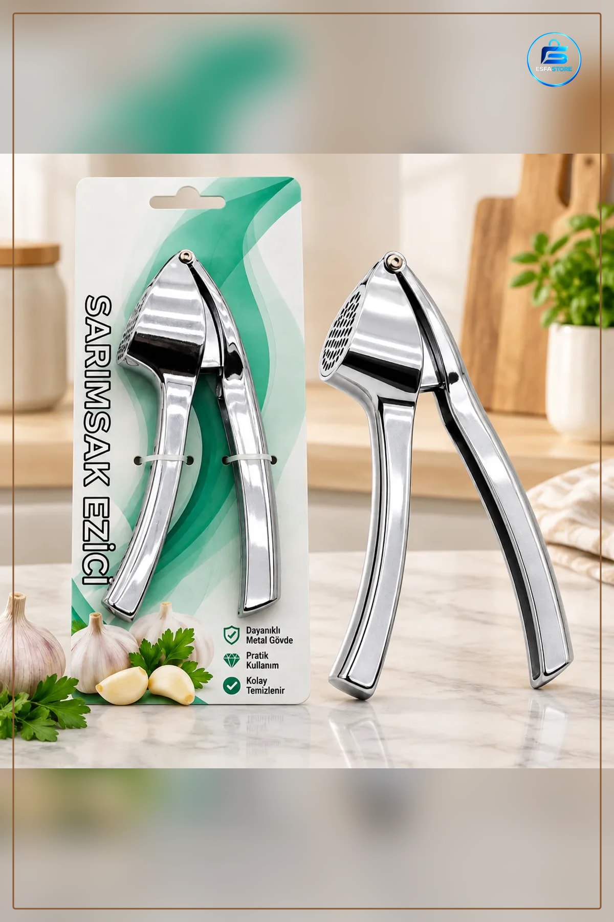 Sarımsak Ezici Çelik Kollu Oval Hazne 9x14.5 cm Mutfak İçin Ergonomik Dayanıklı Pres Aparatı