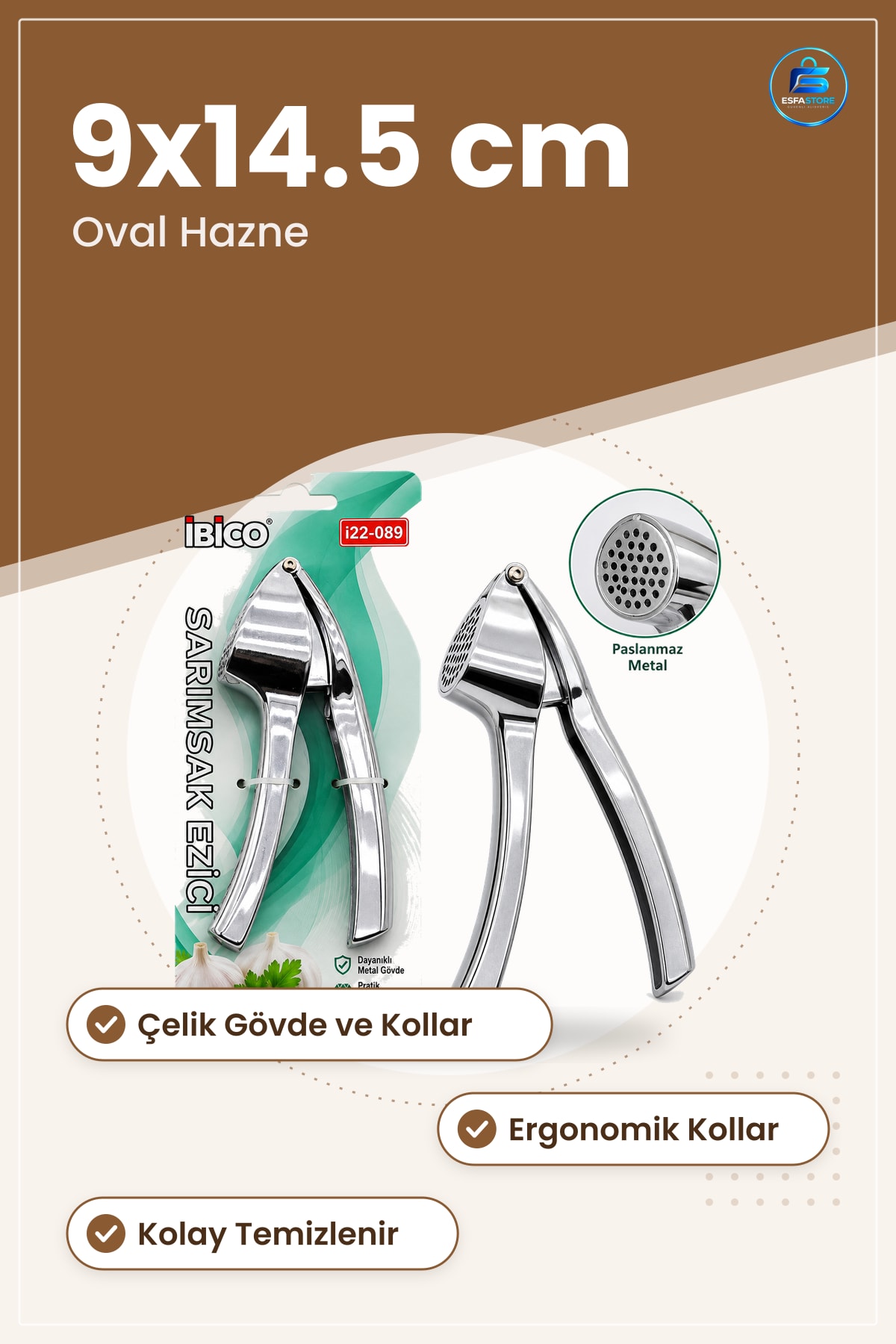 Sarımsak Ezici Çelik Kollu Oval Hazne 9x14.5 cm Mutfak İçin Ergonomik Dayanıklı Pres Aparatı