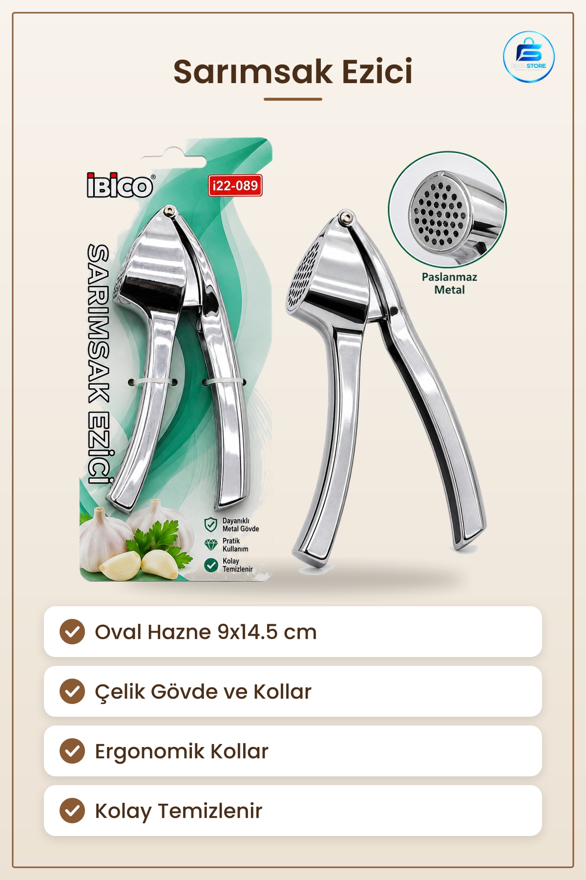 Sarımsak Ezici Çelik Kollu Oval Hazne 9x14.5 cm Mutfak İçin Ergonomik Dayanıklı Pres Aparatı