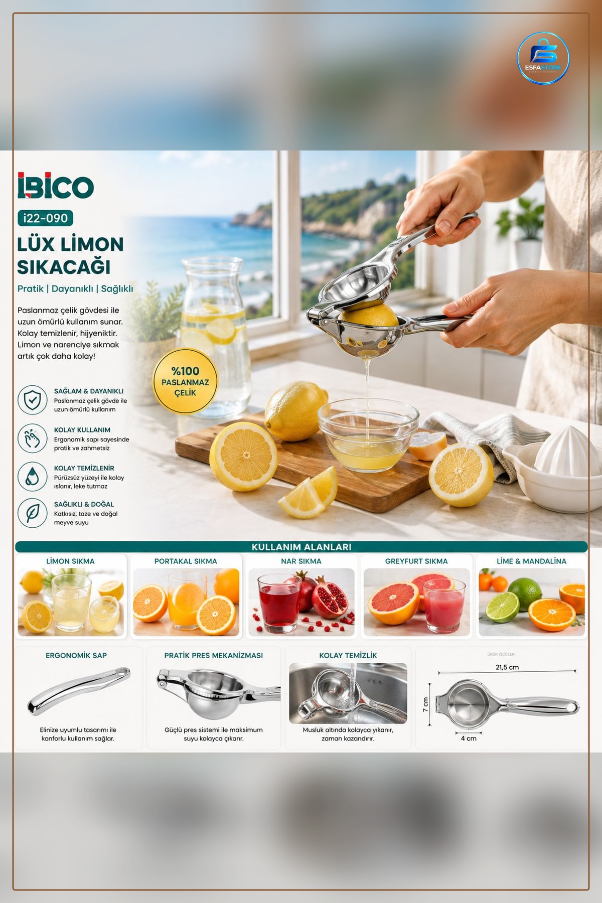 Kollu Çelik Limon Sıkacağı 7 cm Narenciye Meyve Suyu Mutfak Pratik Yemek Hazırlık Aracı