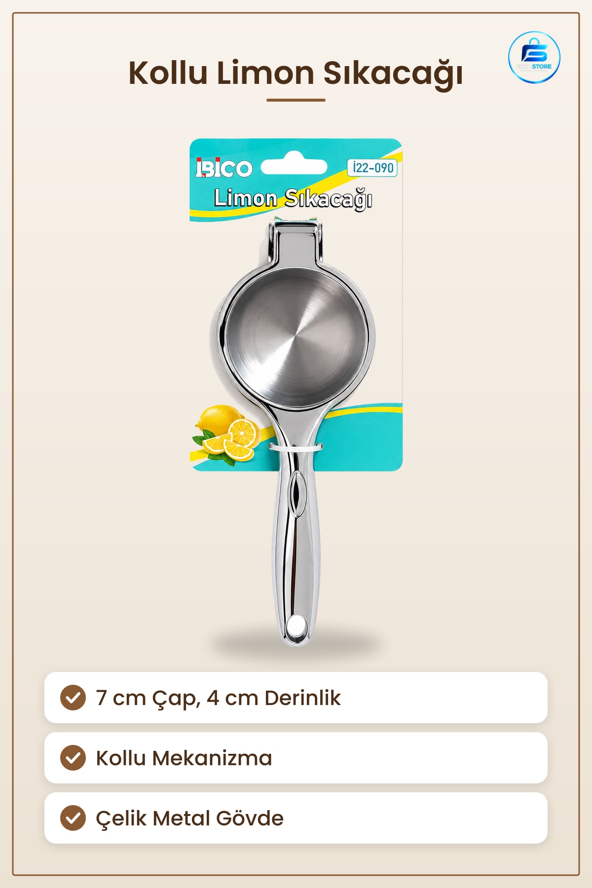 Kollu Çelik Limon Sıkacağı 7 cm Narenciye Meyve Suyu Mutfak Pratik Yemek Hazırlık Aracı