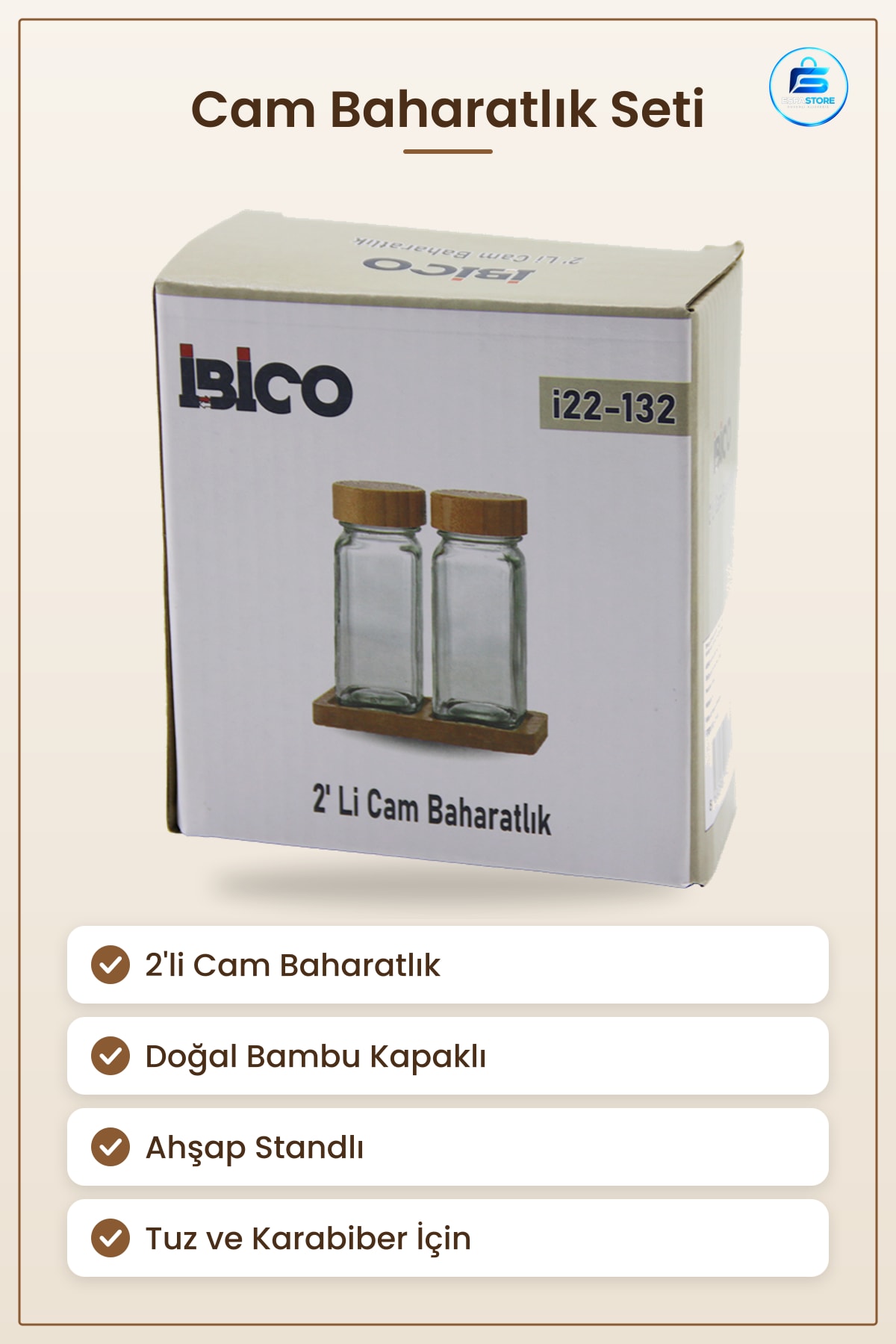 Cam Baharatlık 2'li Bambu Kapaklı Tuz Karabiber Seti Ahşap Standlı Mutfak Sofra Düzenleyici
