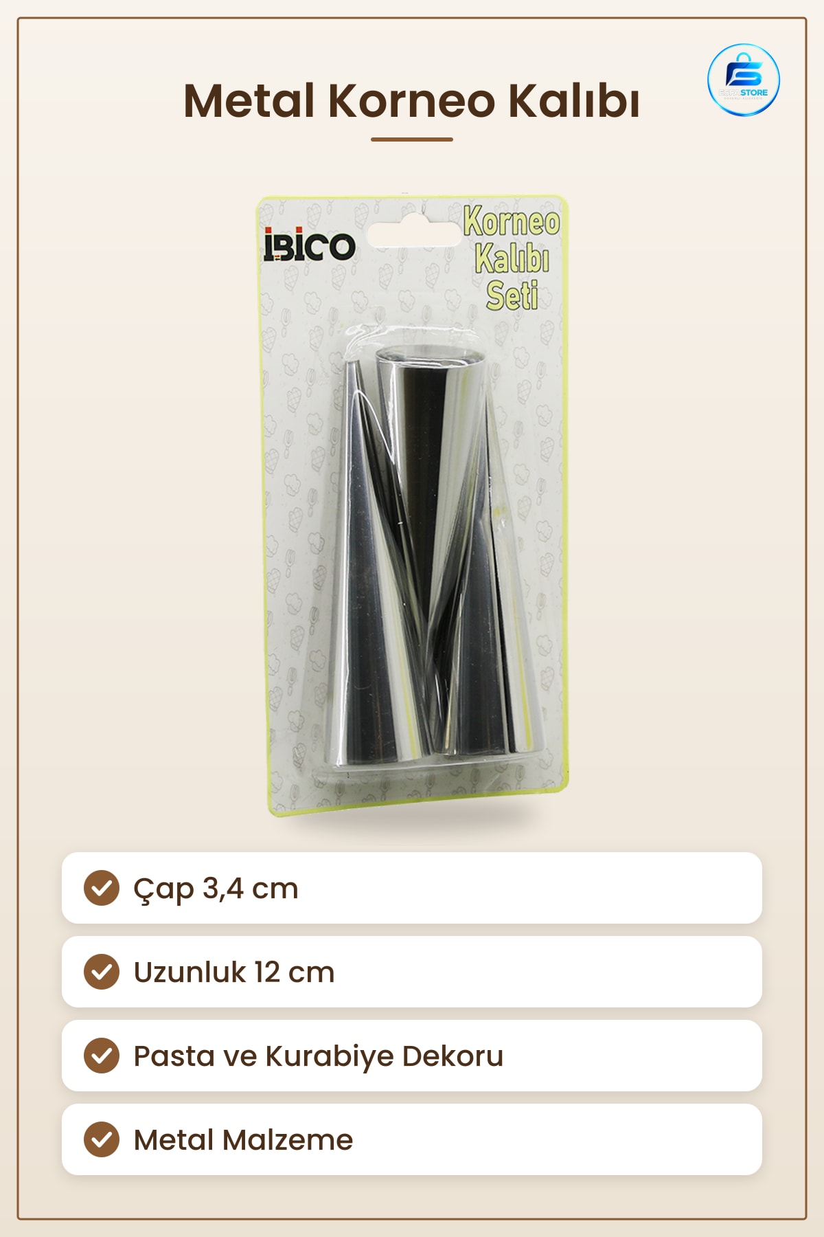 Korneo Kalıbı Metal Çap 3,4 cm Uzunluk 12 Pasta Hamur Dekorasyon Aparatı Mutfak Pastacılık