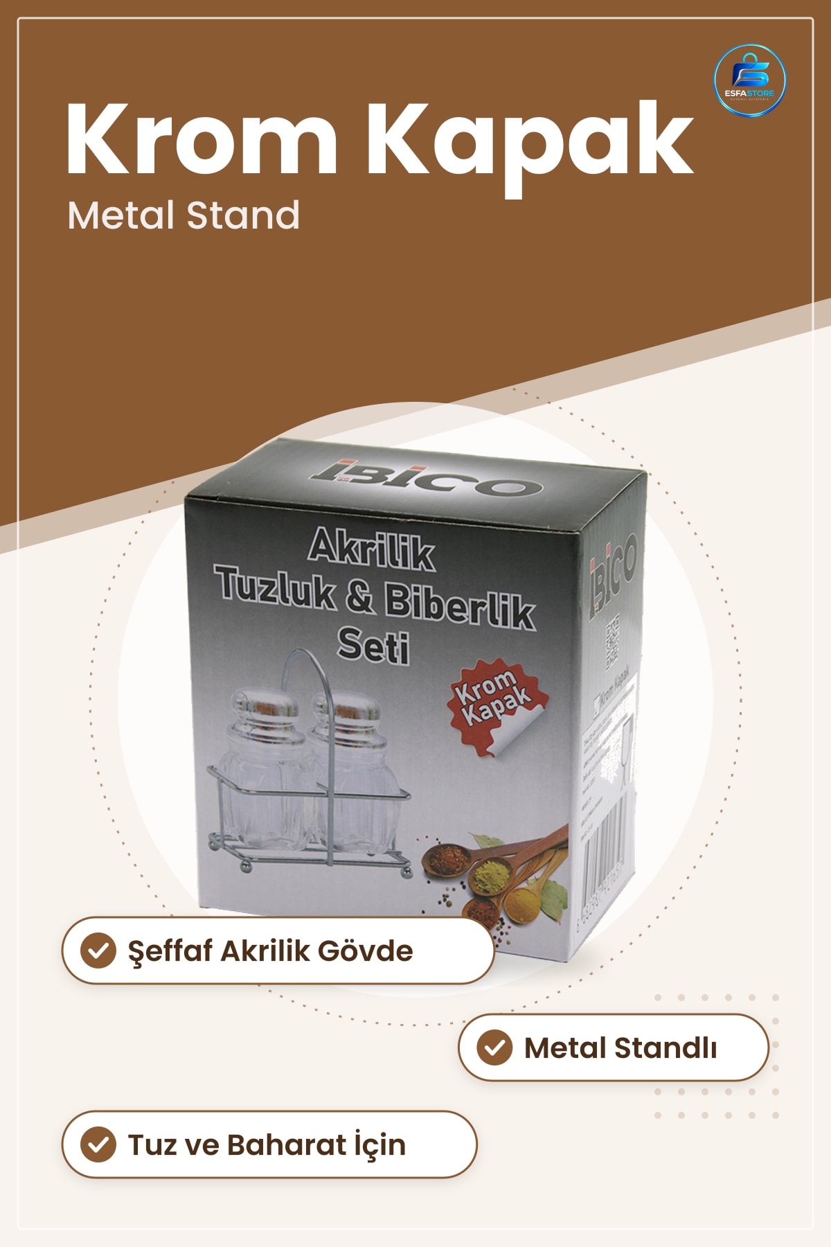 Tuzluk Biberlik Baharatlık Akrilik Gövdeli Krom Kapaklı Metal Standlı Mutfak Sofra Seti