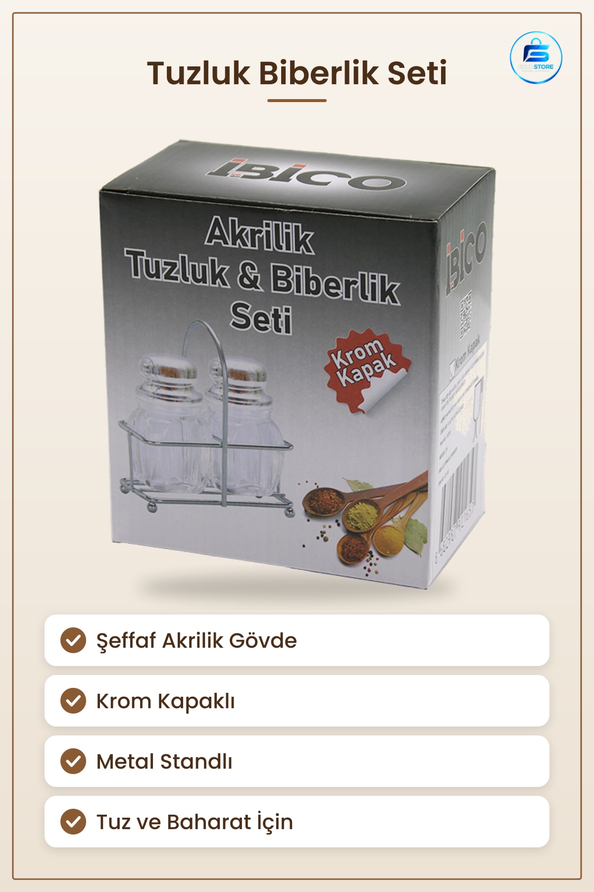 Tuzluk Biberlik Baharatlık Akrilik Gövdeli Krom Kapaklı Metal Standlı Mutfak Sofra Seti