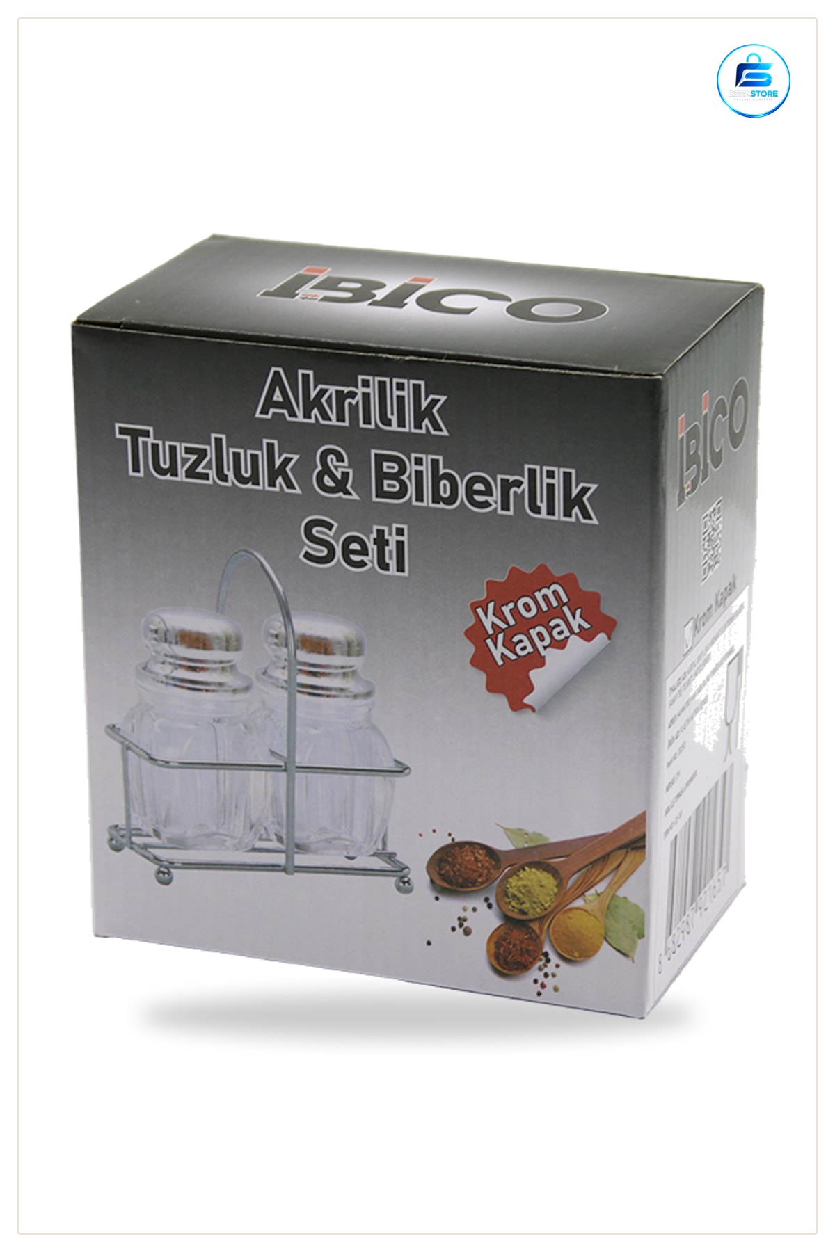 Tuzluk Biberlik Baharatlık Akrilik Gövdeli Krom Kapaklı Metal Standlı Mutfak Sofra Seti