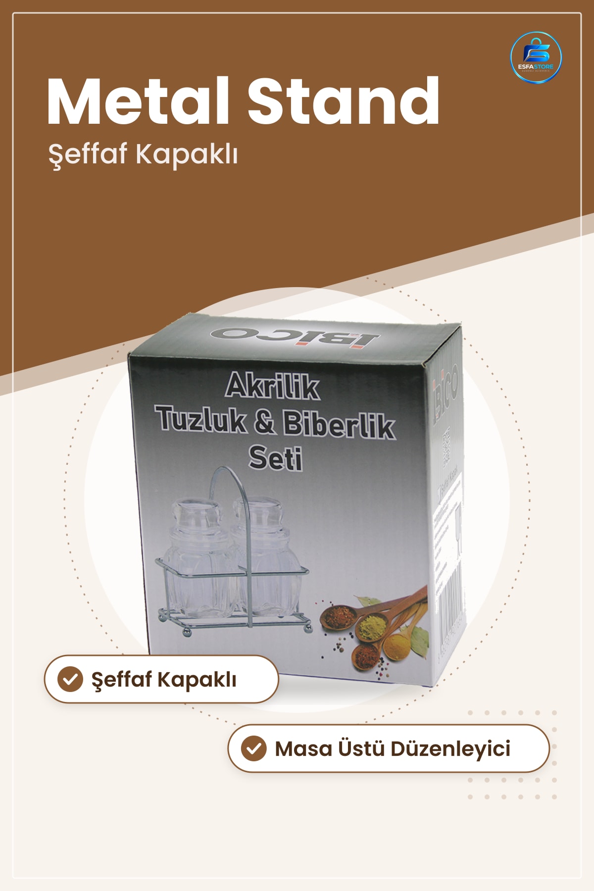 Tuzluk Biberlik Metal Standlı Baharatlık Şeffaf Kapaklı Mutfak Sofra Masa Üstü Düzenleyici Seti