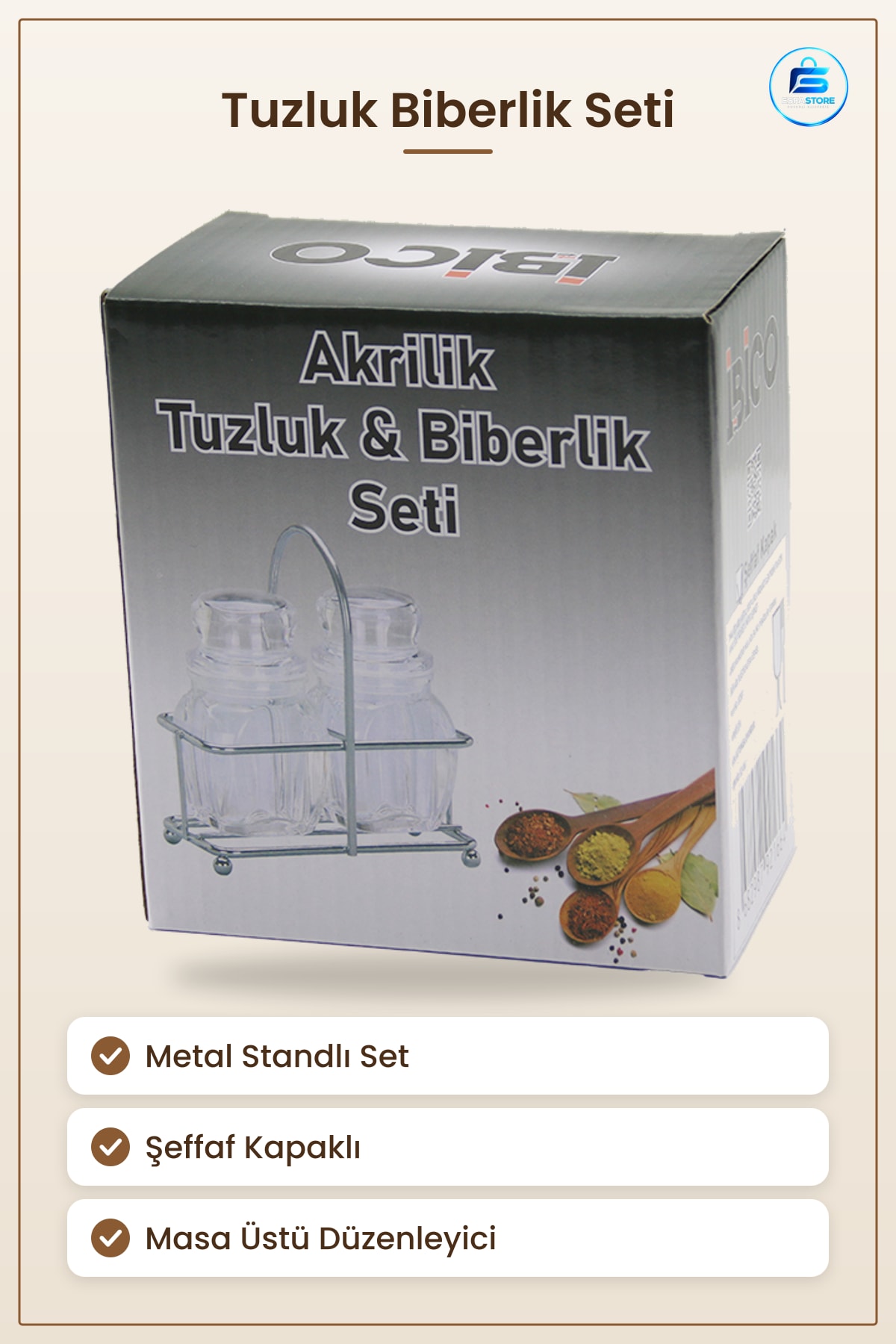 Tuzluk Biberlik Metal Standlı Baharatlık Şeffaf Kapaklı Mutfak Sofra Masa Üstü Düzenleyici Seti