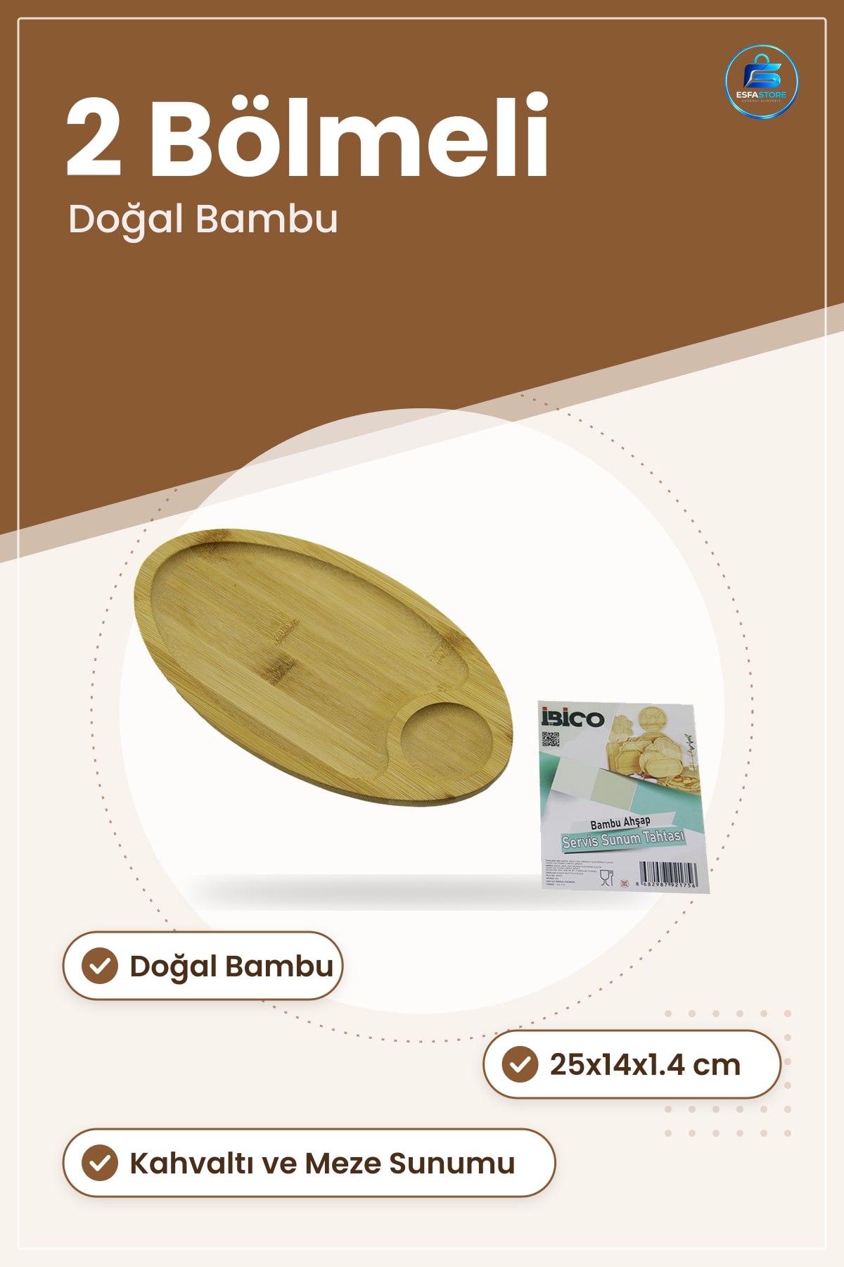 Mini Servis Tepsisi Bambu Oval 2 Bölmeli 25x14x1.4 cm Doğal Kahvaltı Sunum Mutfak Sofra Meze