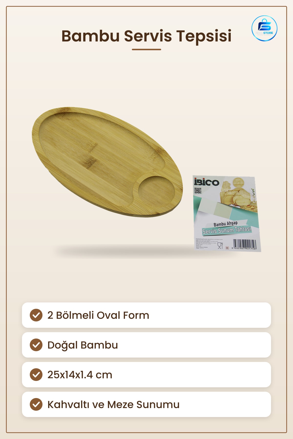 Mini Servis Tepsisi Bambu Oval 2 Bölmeli 25x14x1.4 cm Doğal Kahvaltı Sunum Mutfak Sofra Meze
