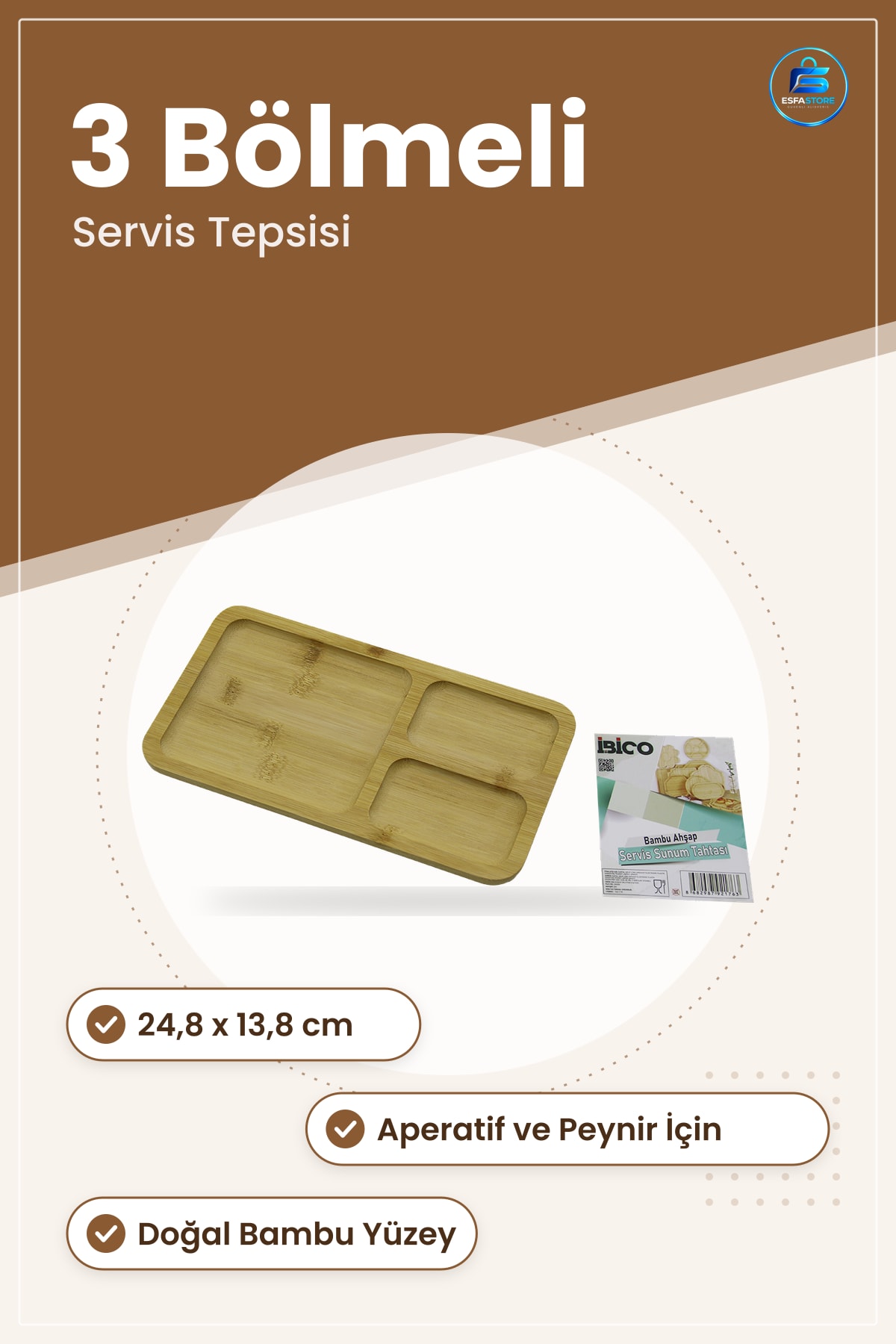 Bambu Servis Tepsisi 3 Bölmeli Dikdörtgen 24,8x13,8 cm Aperatif Peynir Sushi Meze Sunum Tabla