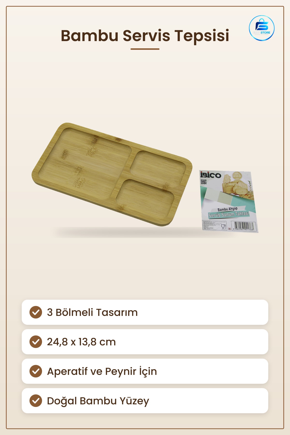 Bambu Servis Tepsisi 3 Bölmeli Dikdörtgen 24,8x13,8 cm Aperatif Peynir Sushi Meze Sunum Tabla