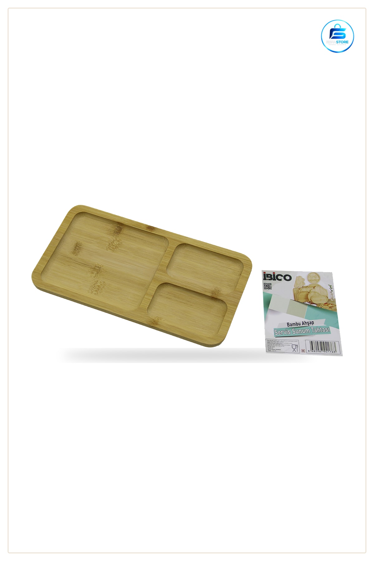 Bambu Servis Tepsisi 3 Bölmeli Dikdörtgen 24,8x13,8 cm Aperatif Peynir Sushi Meze Sunum Tabla