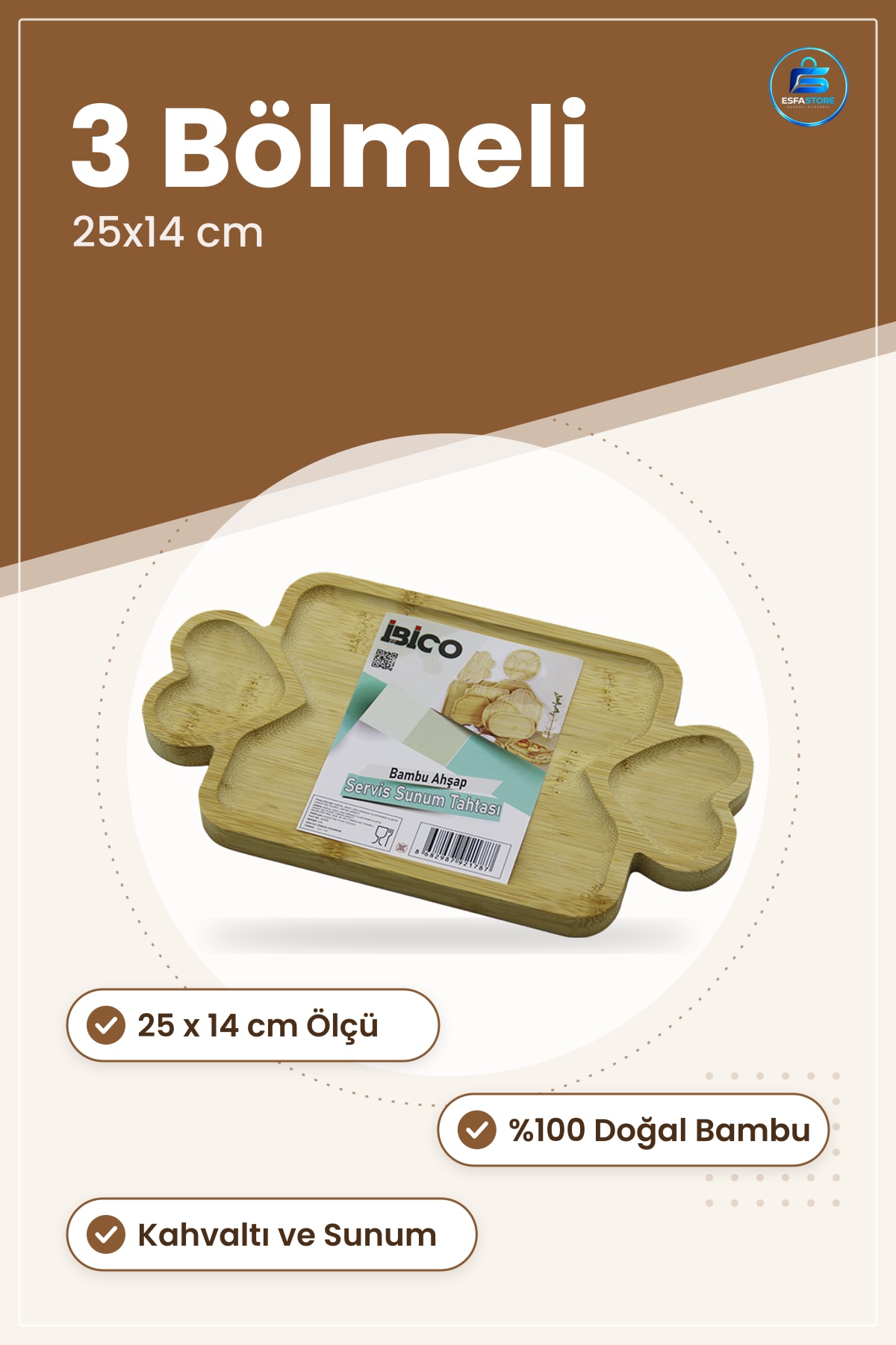 Bambu Ahşap Servis Tepsisi 25x14 cm 3 Bölmeli Sunum Tahtası Mutfak Sofra Kahvaltı