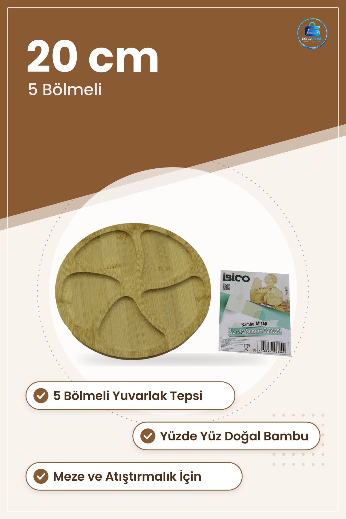 Bambu Servis Tepsisi 5 Bölmeli Yuvarlak Ahşap Sunum Tahtası 20 cm Mezeli Peynir Zeytin Kuruyemiş