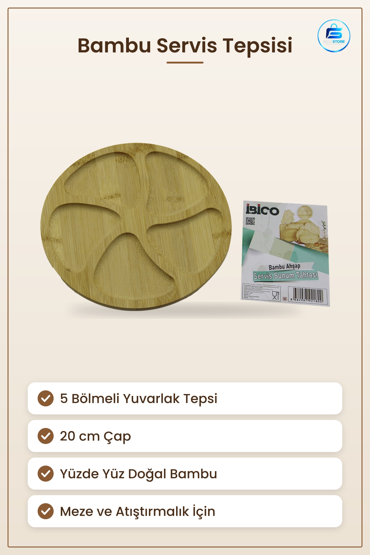 Bambu Servis Tepsisi 5 Bölmeli Yuvarlak Ahşap Sunum Tahtası 20 cm Mezeli Peynir Zeytin Kuruyemiş