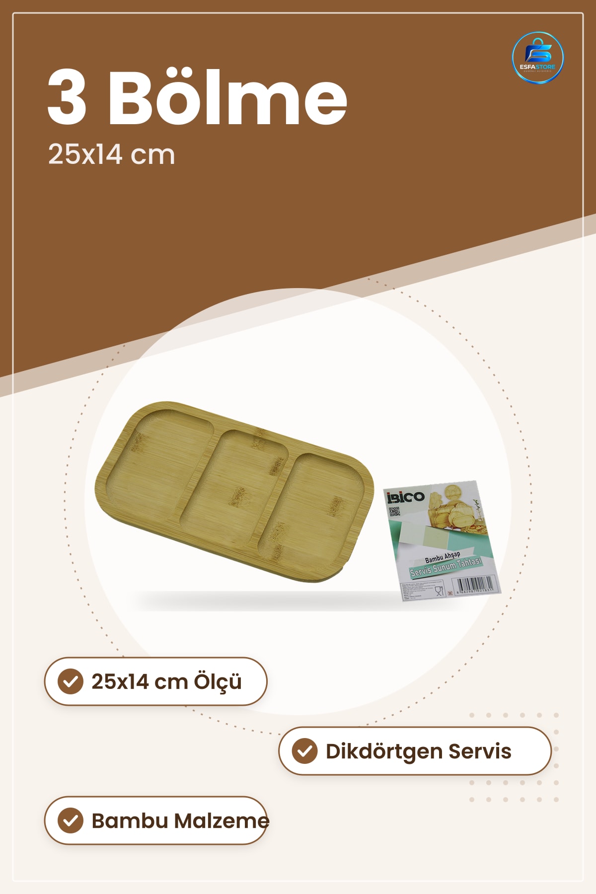 Bambu 3 Bölmeli Sunum Tepsisi 25x14 cm Dikdörtgen Servis Tahtası Kahvaltı Mutfak Atıştırmalık