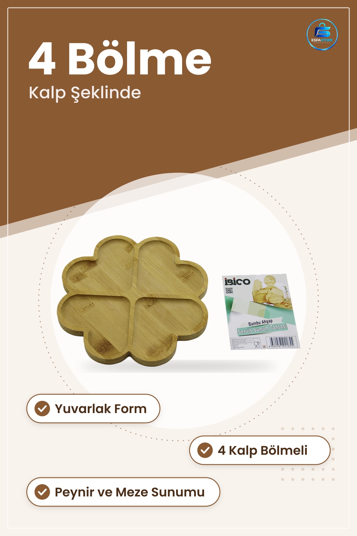 Bambu Kesme Tahtası Servis Sunum Yuvarlak 4 Kalp Bölmeli Attıştrmalık Peynir Meze Tabağı Mutfak
