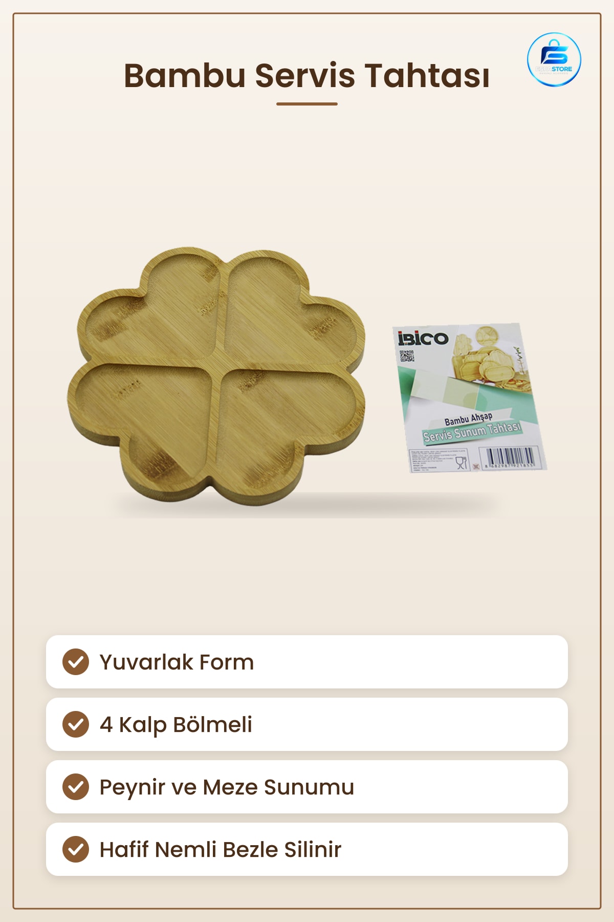 Bambu Kesme Tahtası Servis Sunum Yuvarlak 4 Kalp Bölmeli Attıştrmalık Peynir Meze Tabağı Mutfak