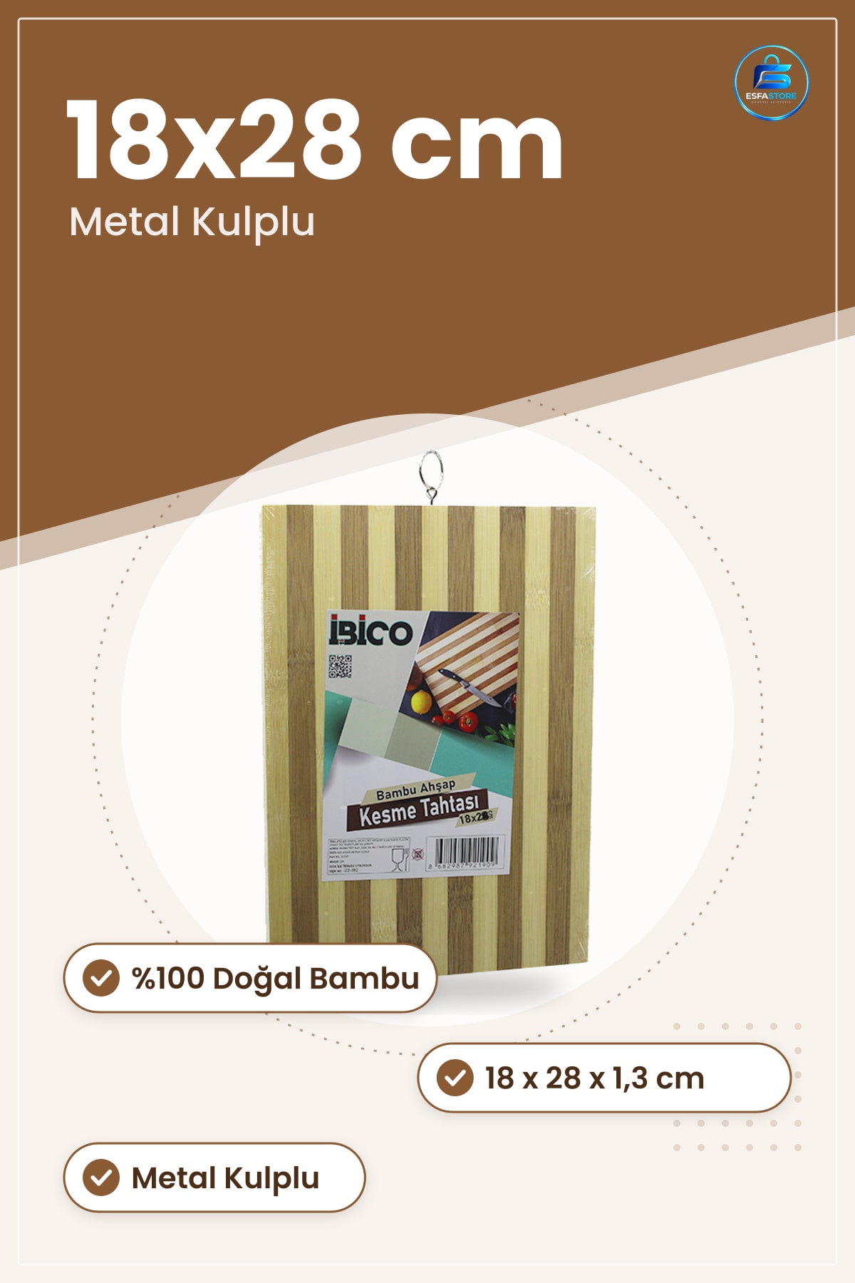 Bambu Kesme Tahtası 18x28x1,3 cm Metal Kulplu Mutfak Kesim Panosu Doğrama Bıçak Dostu