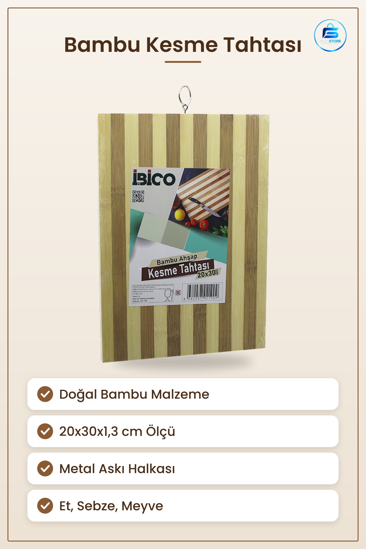 Bambu Kesme Tahtası 20x30x1,3 cm Mutfak Et Sebze Meyve Hazırlığı İçin Doğal Ahşap Kesim Panosu