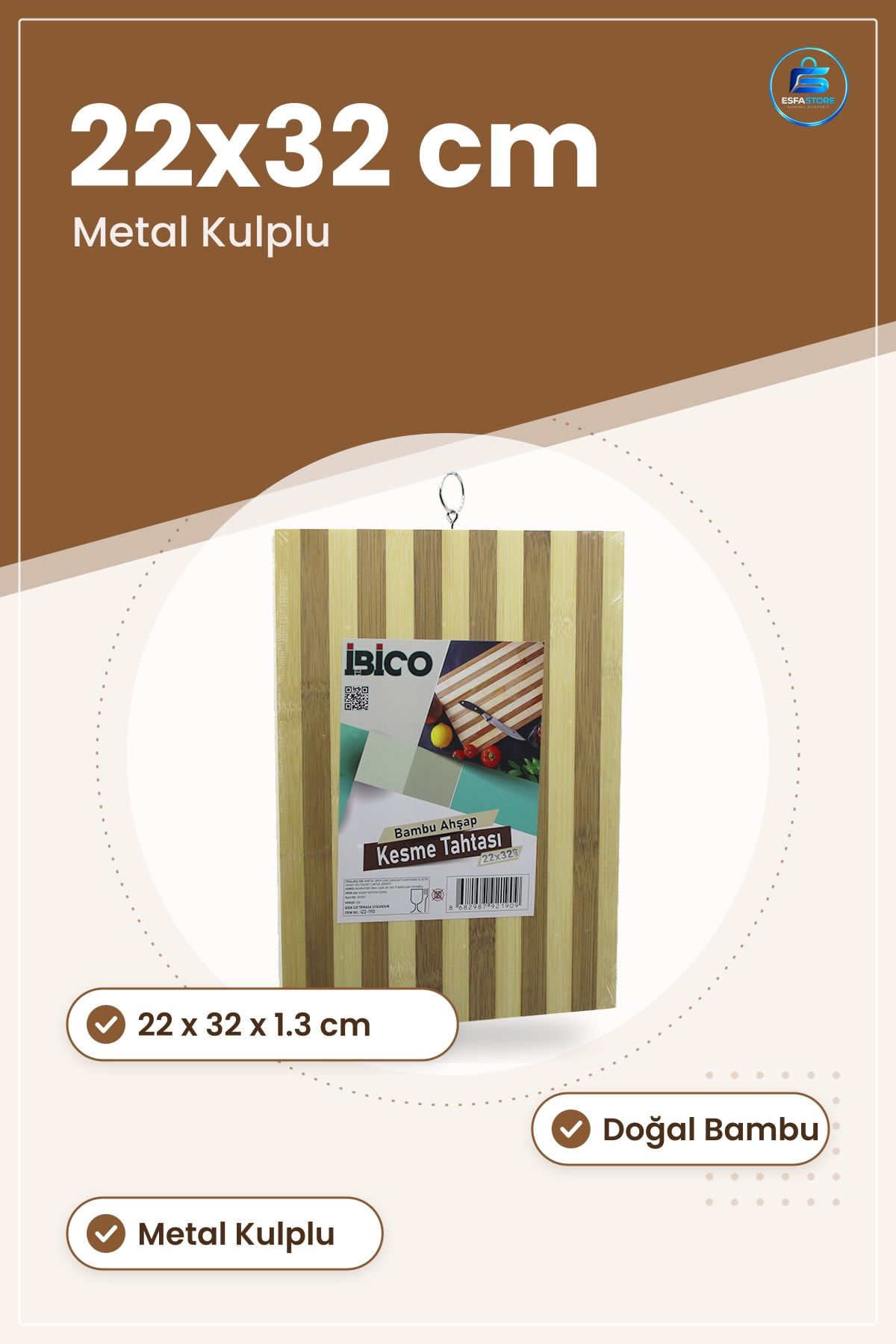 Kesme Tahtası Doğal Bambu 22x32x1.3 cm Metal Kulplu Mutfak Et Sebze Ekmek Hazırlık