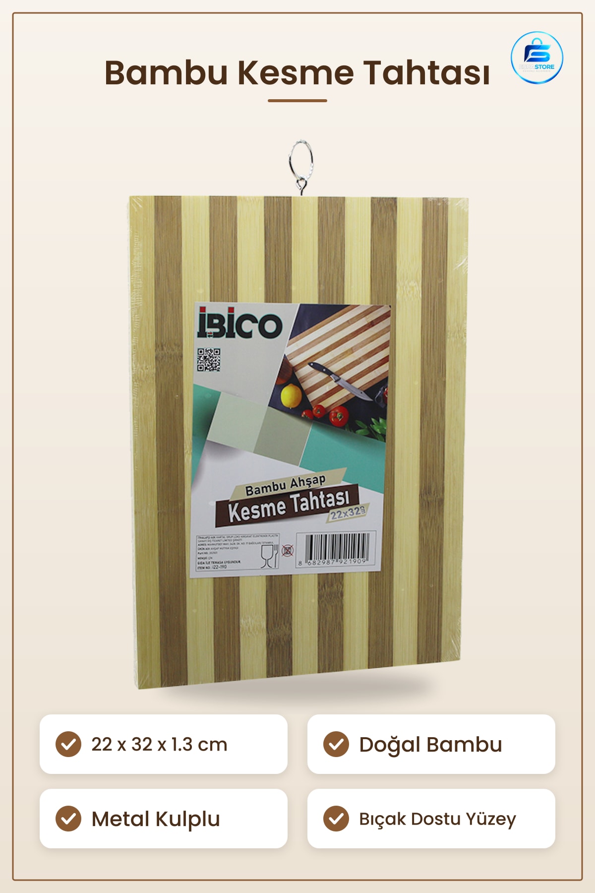 Kesme Tahtası Doğal Bambu 22x32x1.3 cm Metal Kulplu Mutfak Et Sebze Ekmek Hazırlık