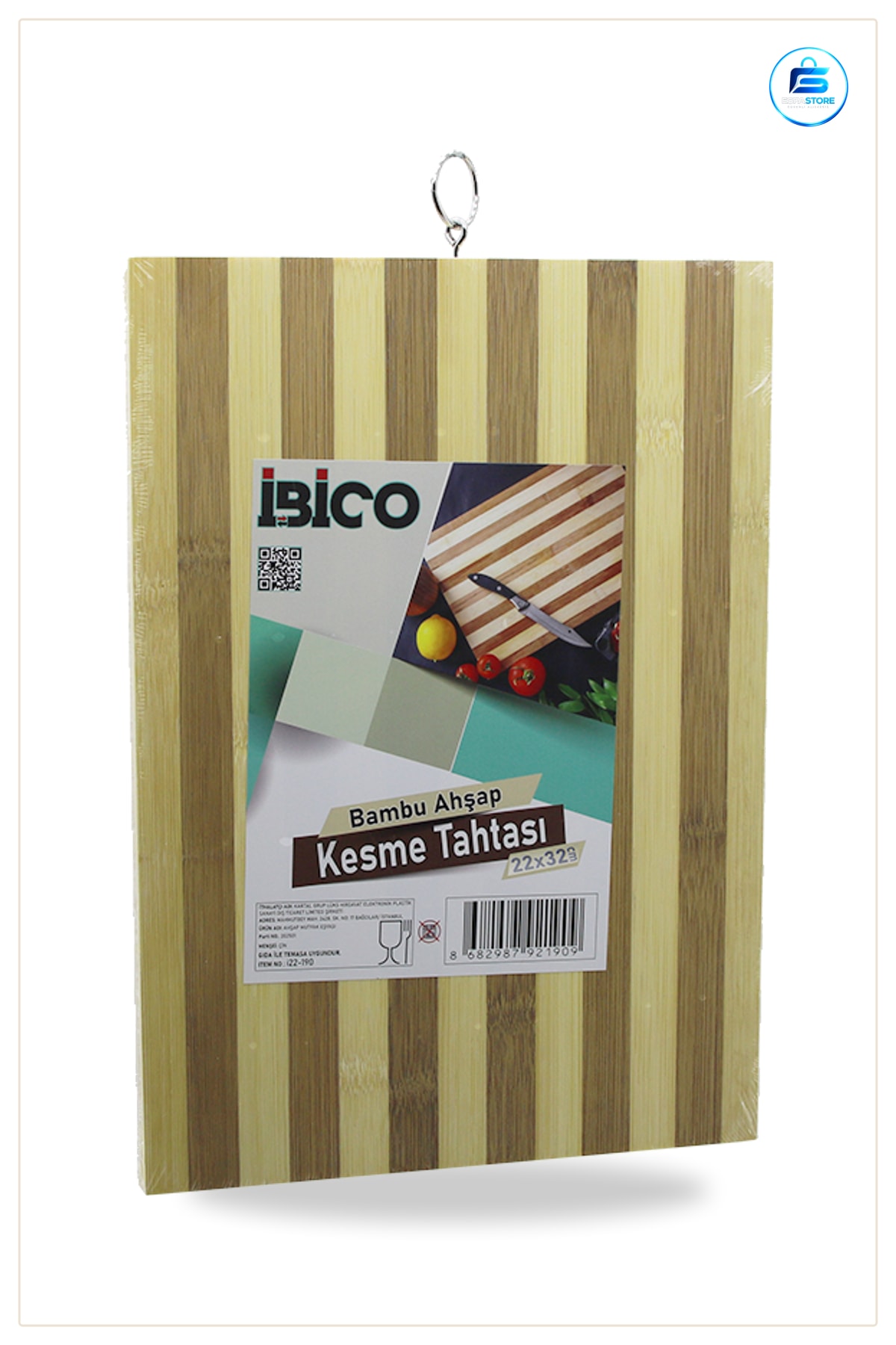 Kesme Tahtası Doğal Bambu 22x32x1.3 cm Metal Kulplu Mutfak Et Sebze Ekmek Hazırlık