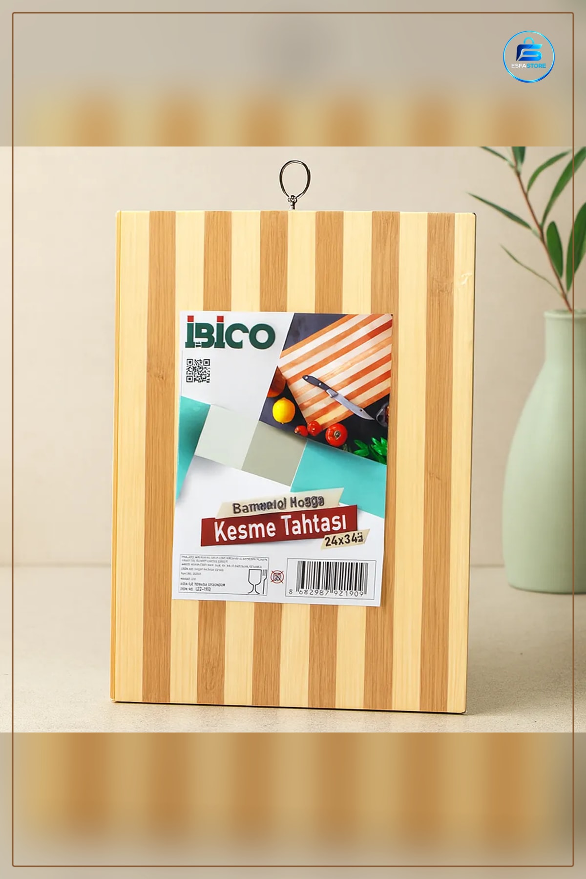Bambu Kesme Tahtası 24x34x1.3 cm Metal Kulplu Mutfak Kesim Panosu Sebze Meyve Ekmek İçin