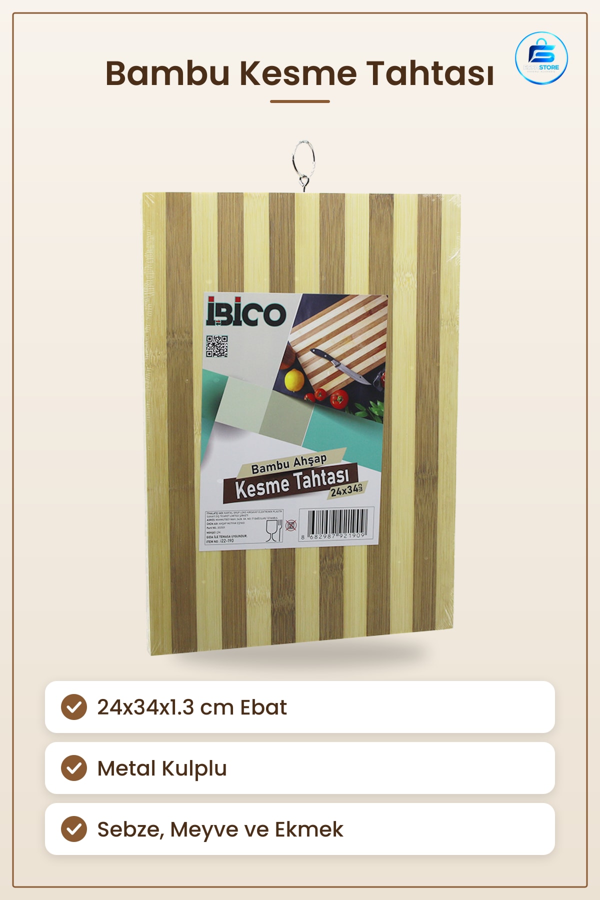 Bambu Kesme Tahtası 24x34x1.3 cm Metal Kulplu Mutfak Kesim Panosu Sebze Meyve Ekmek İçin