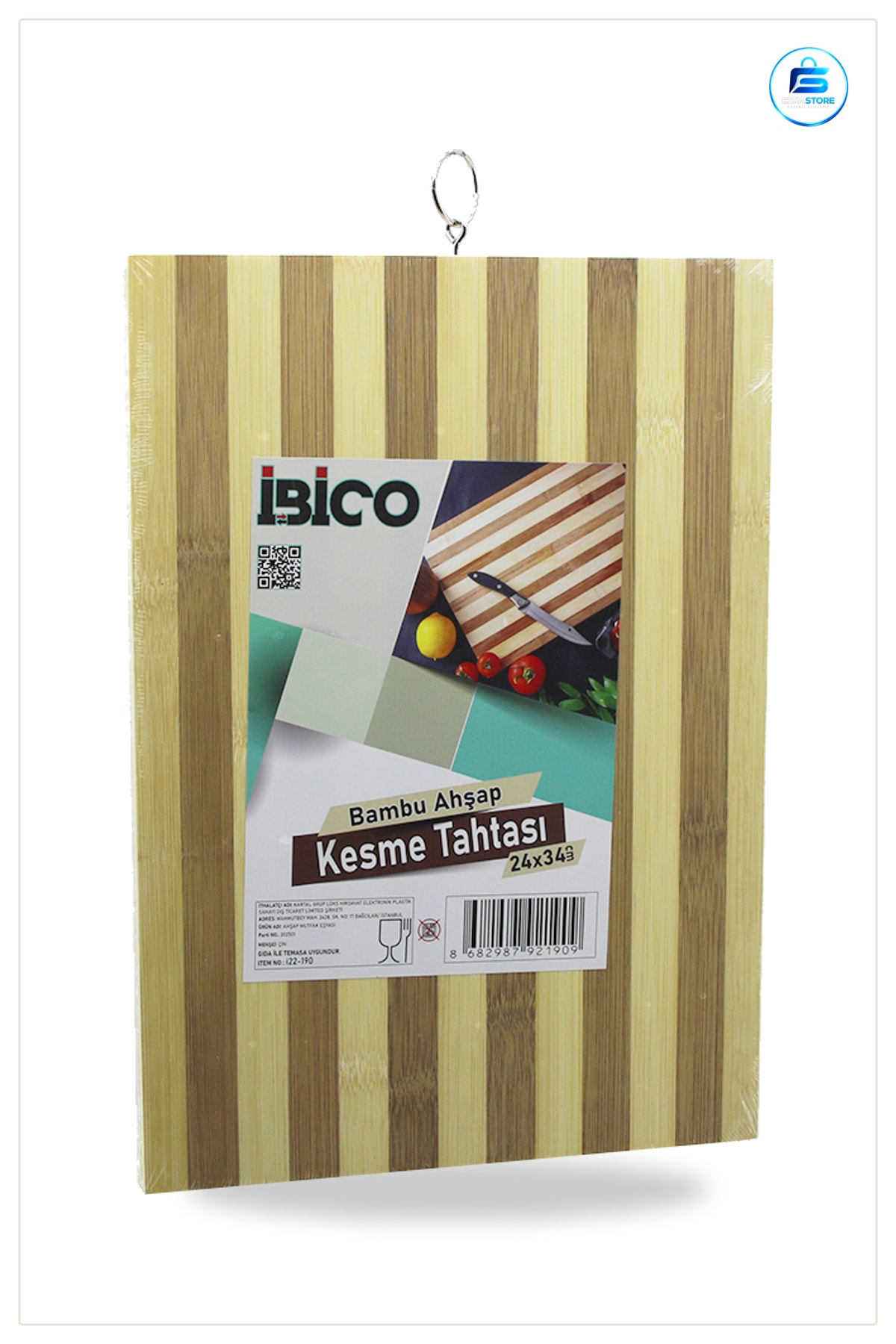 Bambu Kesme Tahtası 24x34x1.3 cm Metal Kulplu Mutfak Kesim Panosu Sebze Meyve Ekmek İçin