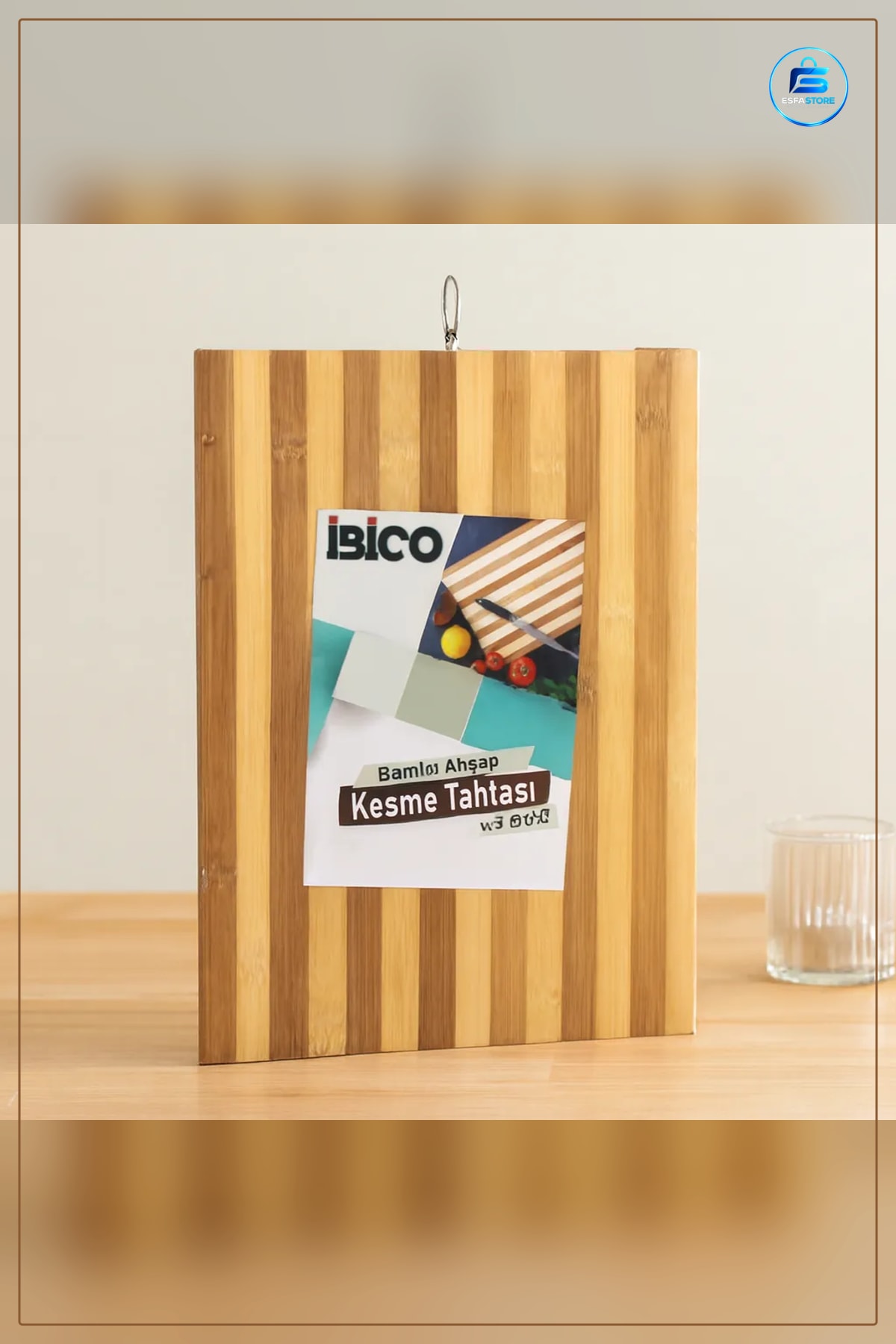 Bambu Kesme Tahtası 26x36x1.2 cm Doğal Ahşap Asklı Metal Halka Sebze Meyve Et Ekmek Kesim Mutfak