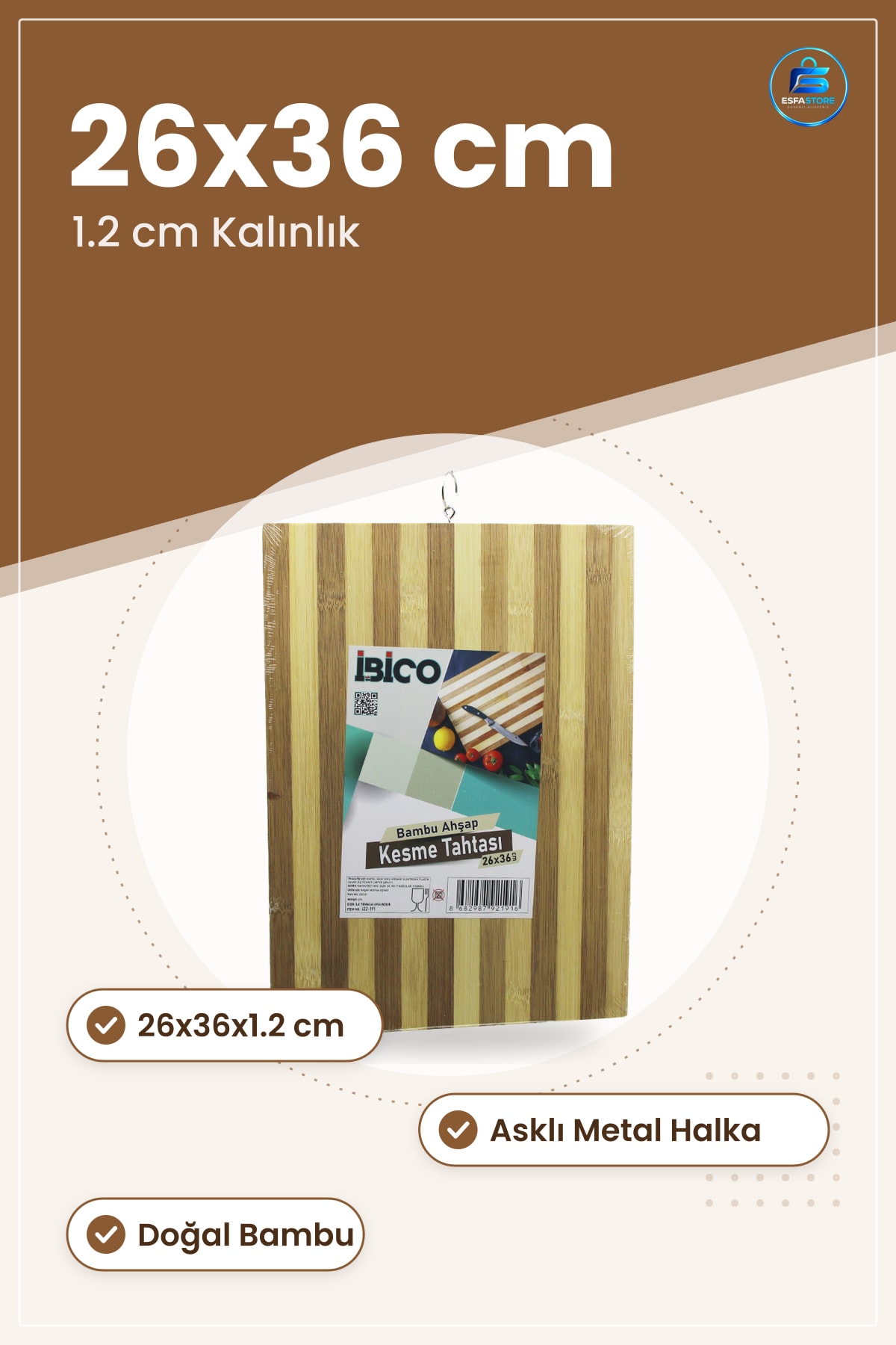 Bambu Kesme Tahtası 26x36x1.2 cm Doğal Ahşap Asklı Metal Halka Sebze Meyve Et Ekmek Kesim Mutfak