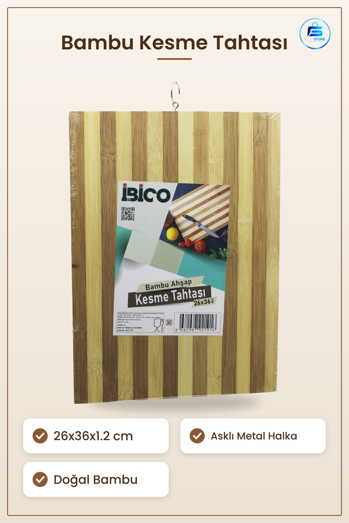 Bambu Kesme Tahtası 26x36x1.2 cm Doğal Ahşap Asklı Metal Halka Sebze Meyve Et Ekmek Kesim Mutfak