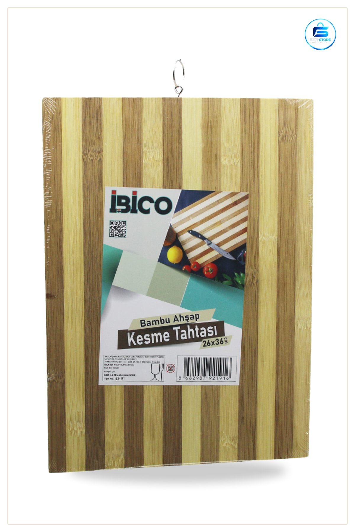 Bambu Kesme Tahtası 26x36x1.2 cm Doğal Ahşap Asklı Metal Halka Sebze Meyve Et Ekmek Kesim Mutfak