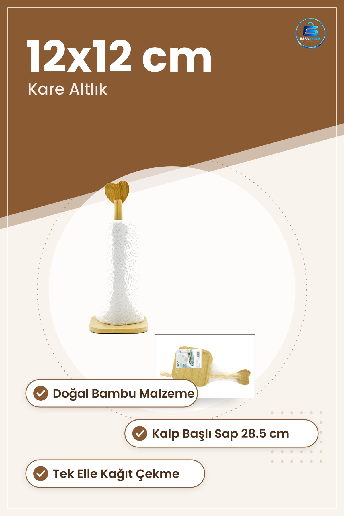 Kağıt Havluluk Bambu 12x12 cm Kalp Başlı Sap 28.5 Mutfak Düzenleyici Tezgah Üstü Dekoratif