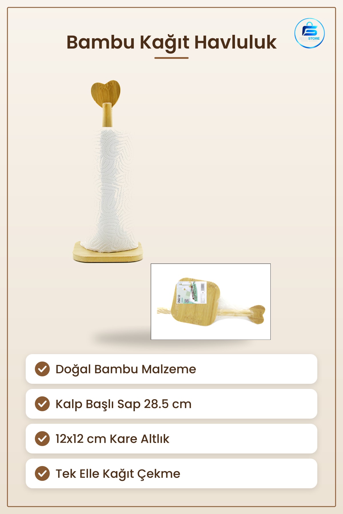 Kağıt Havluluk Bambu 12x12 cm Kalp Başlı Sap 28.5 Mutfak Düzenleyici Tezgah Üstü Dekoratif